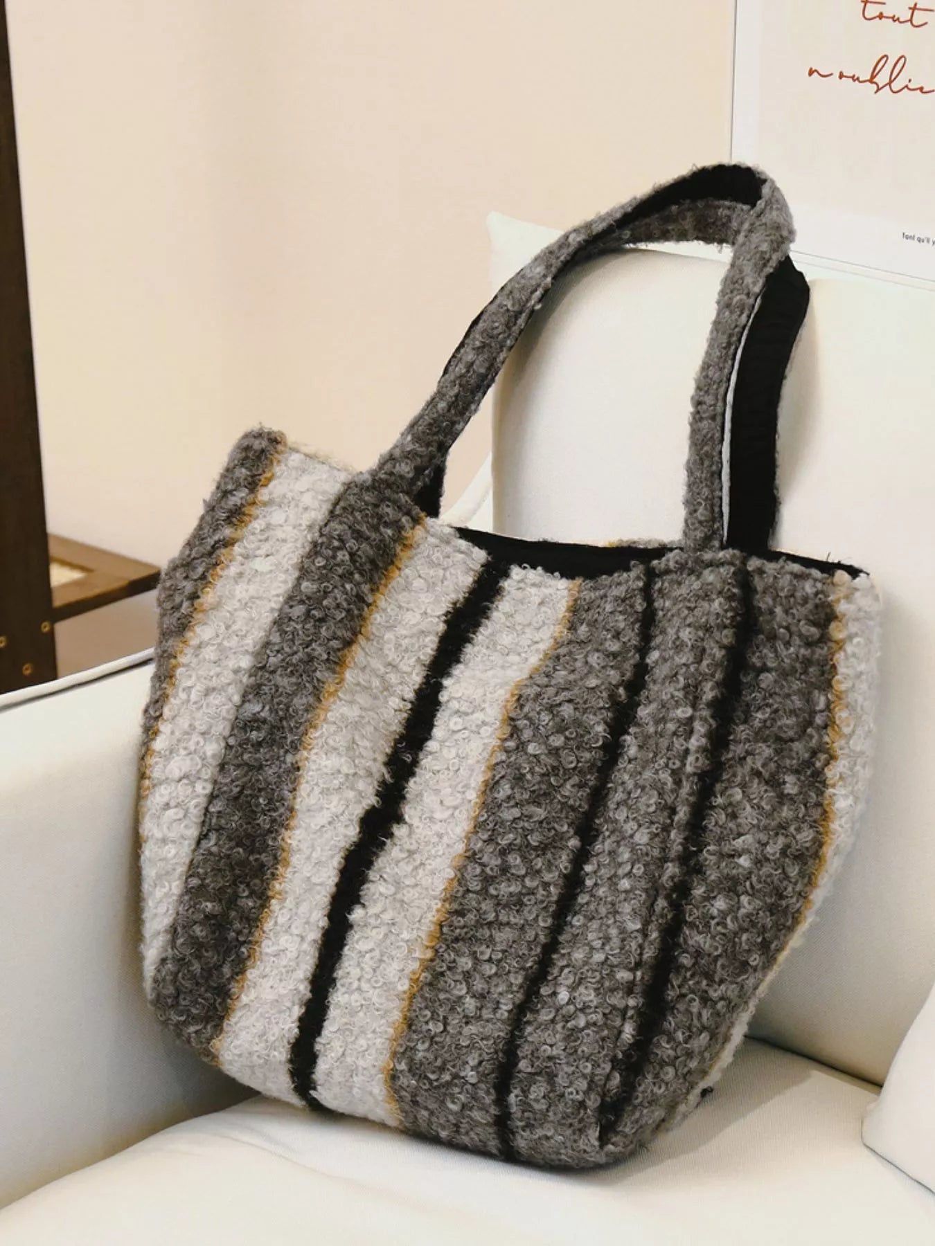 Reversible Striped Plush Tote Bag