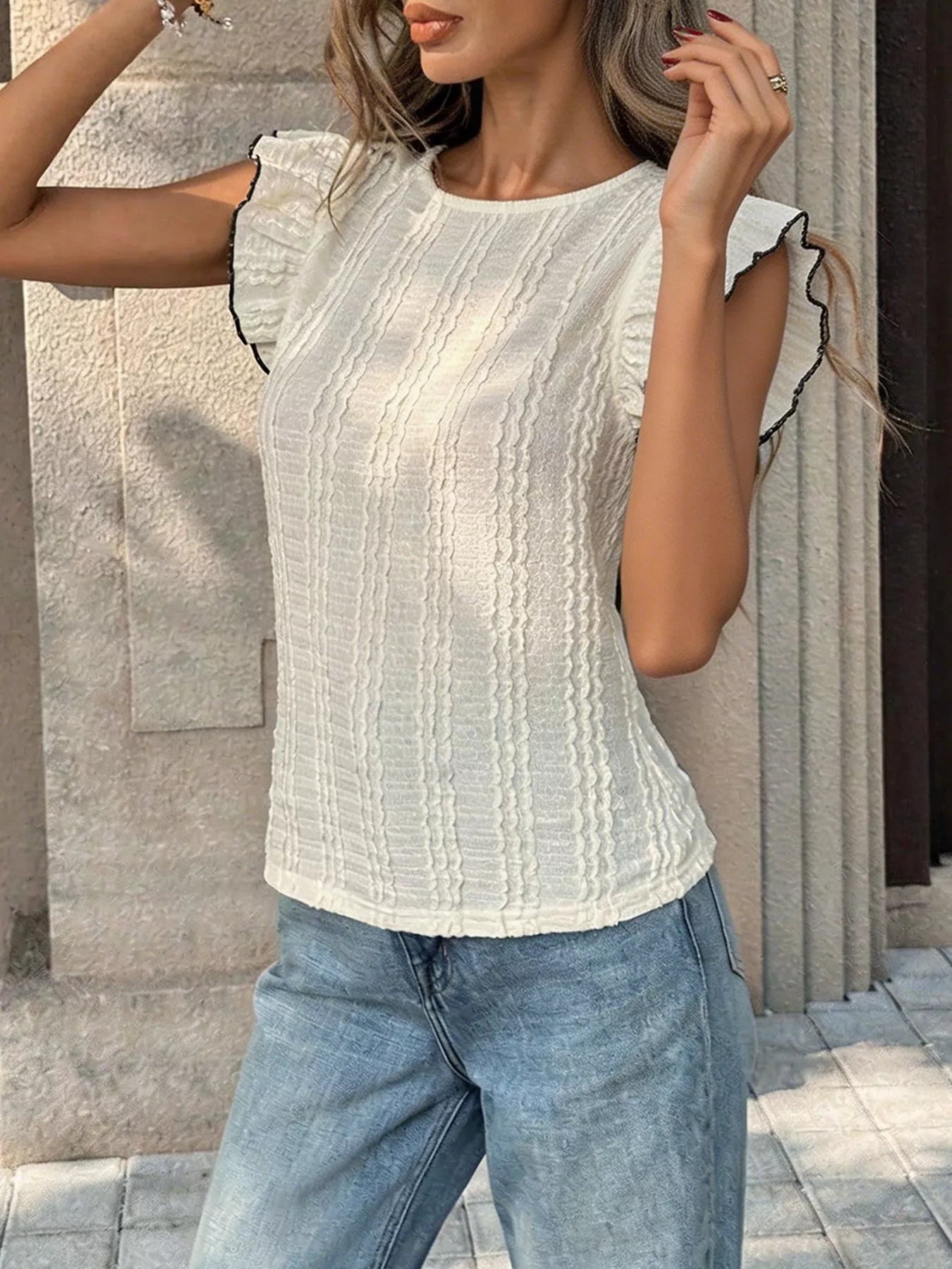 Textured Ruffle Sleeve Slim Fit Top