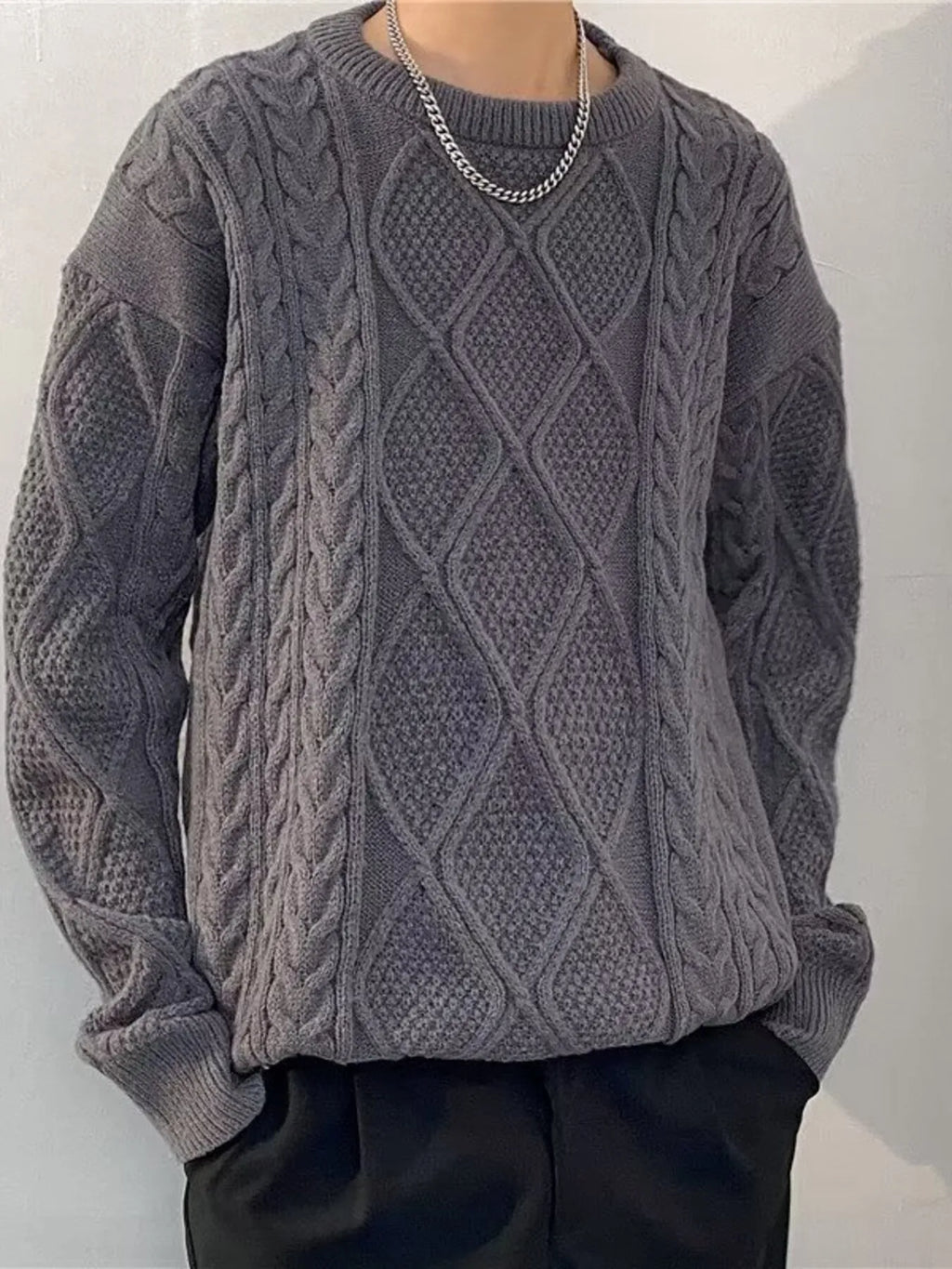 Men's Plus Size  Cable Knit Round Neck Sweater