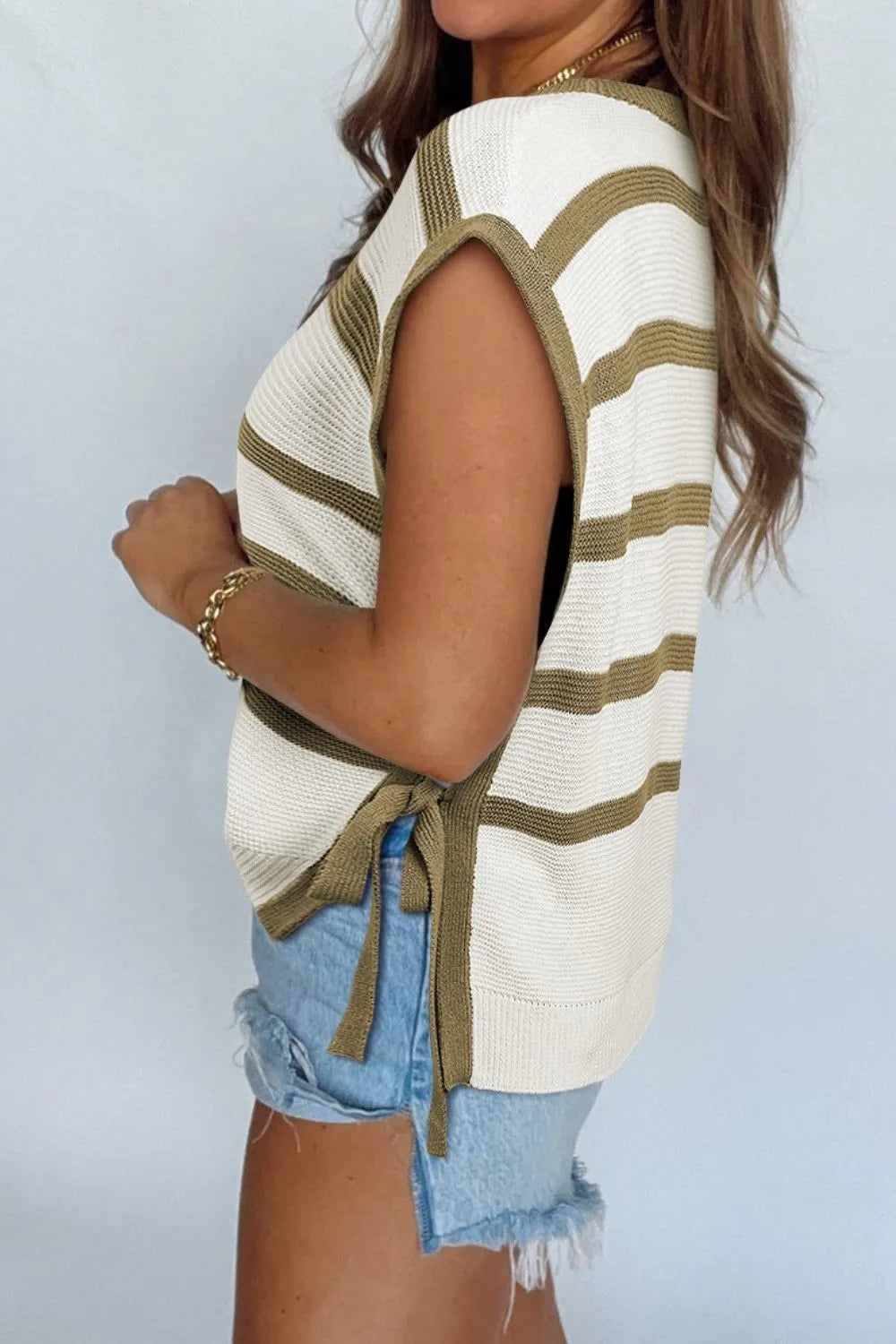 Stripe Tie Open Side Sweater Knitted Top