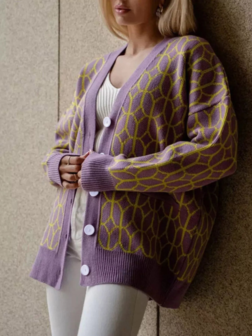 Geometric Patterned Button-Down Cardigan