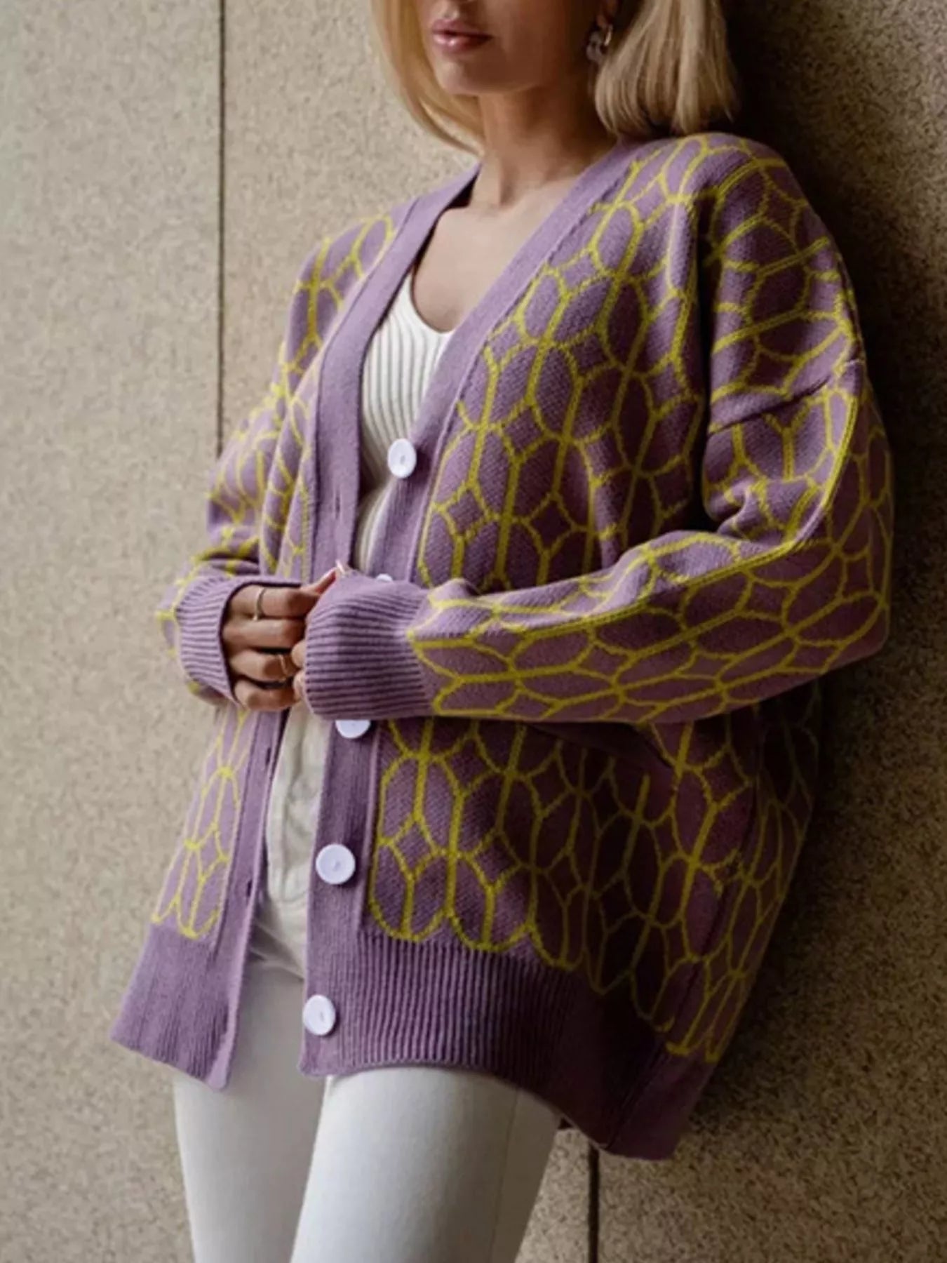 Geometric Patterned Button-Down Cardigan