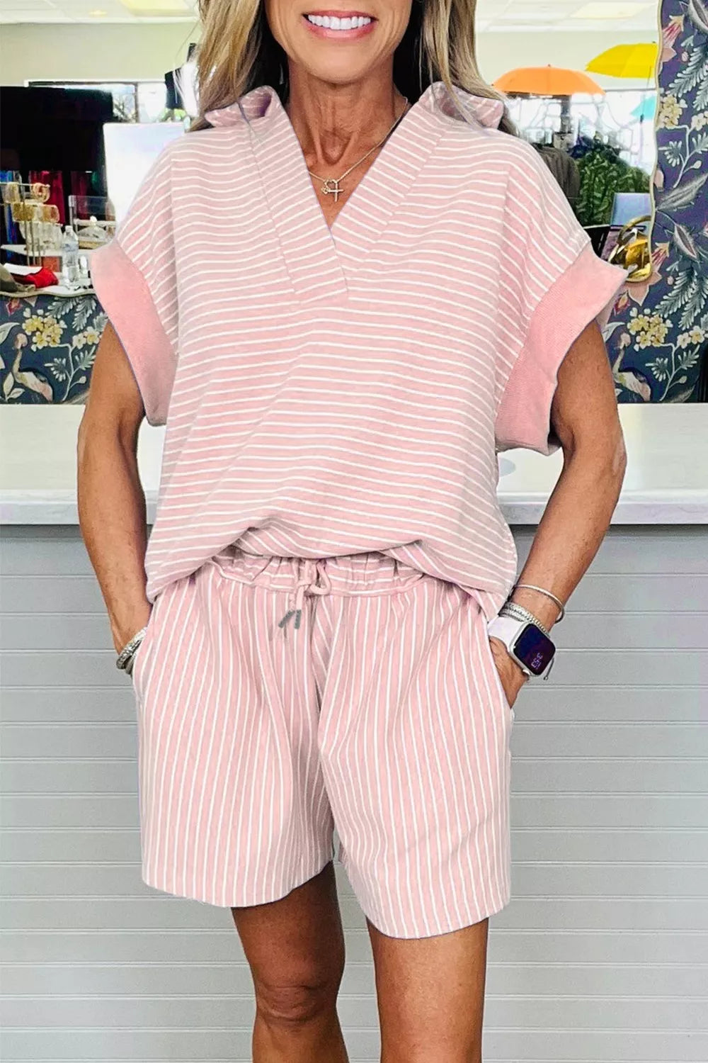 Stripe Dolman Sleeve Polo Shirt and Drawstring Shorts Set
