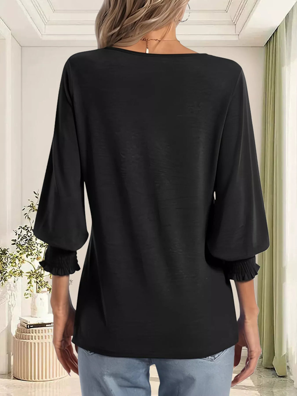 Full Size Notched 3/4 Sleeve Top Plus Size