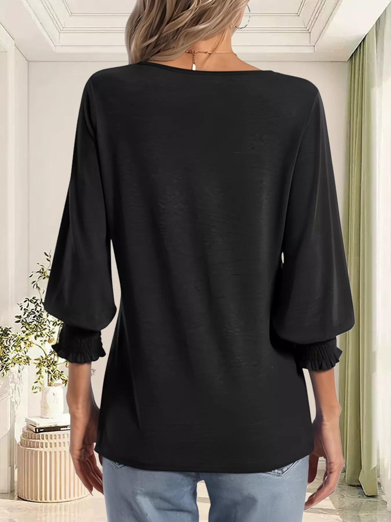 Full Size Notched 3/4 Sleeve Top Plus Size