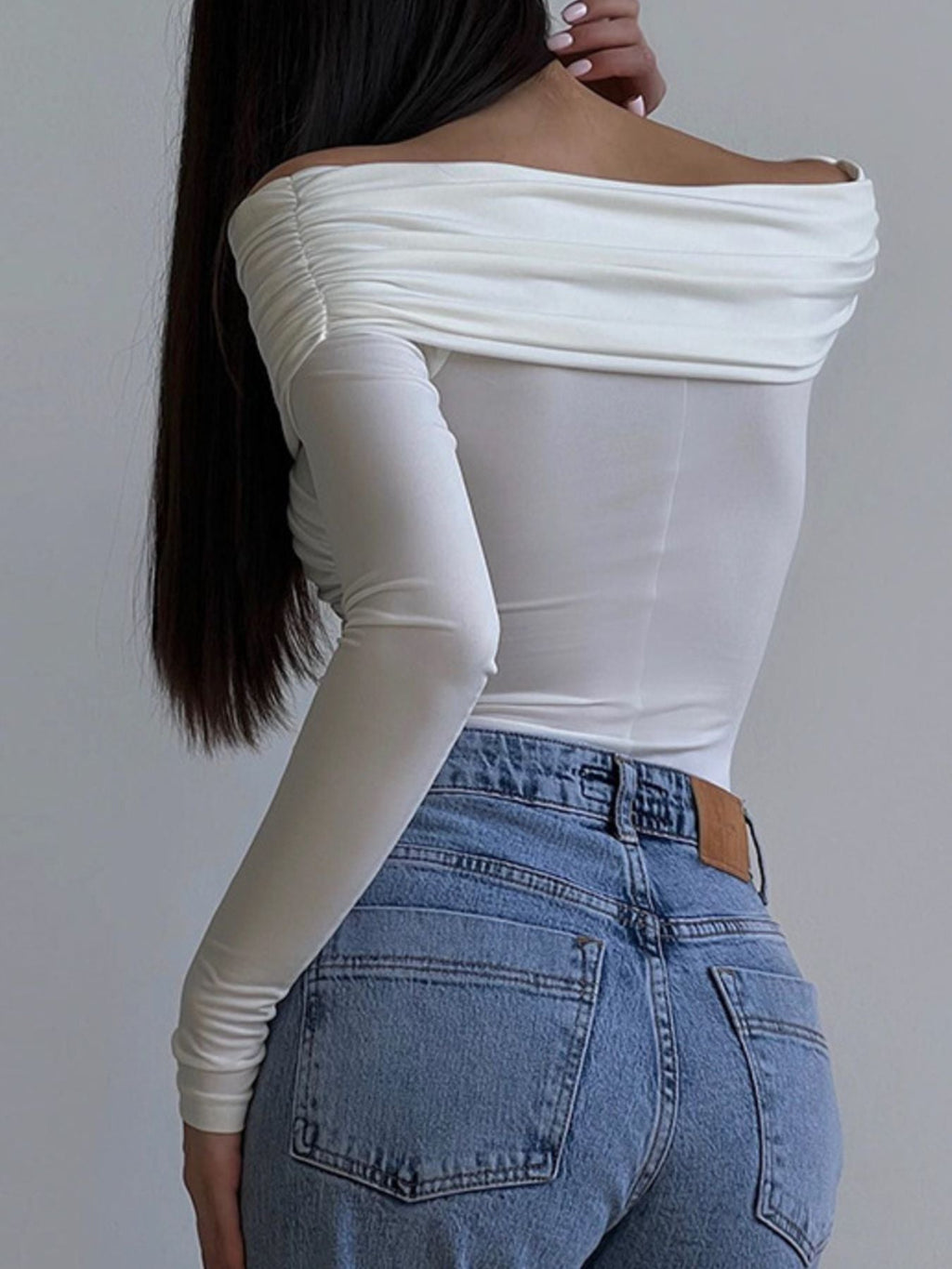 Off-Shoulder Ruched Long Sleeve Bodysuit