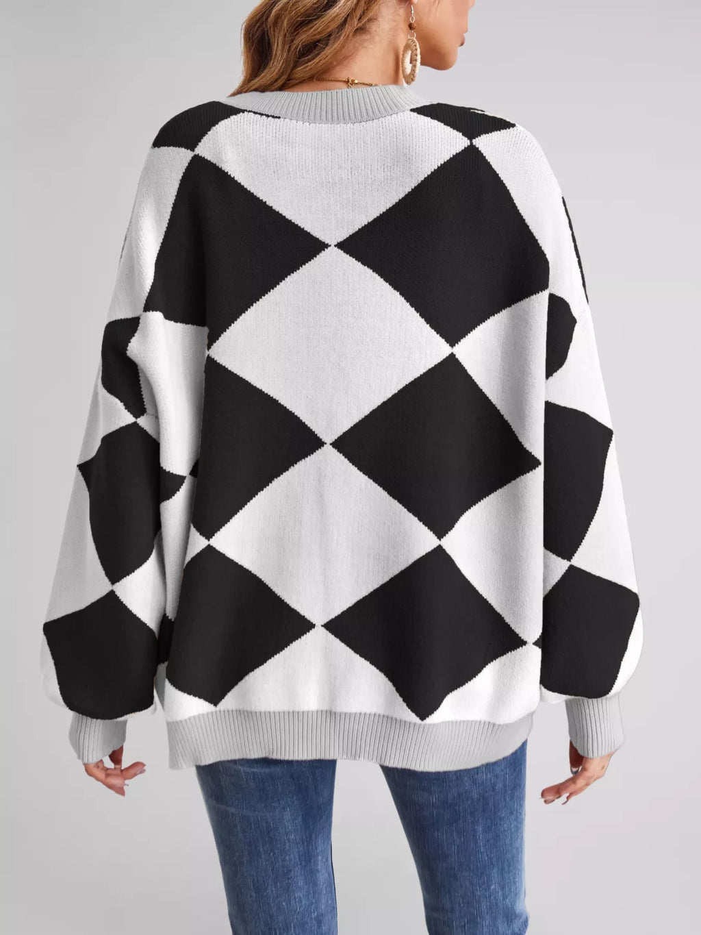 Diamond Pattern Button-Up Knit Cardigan