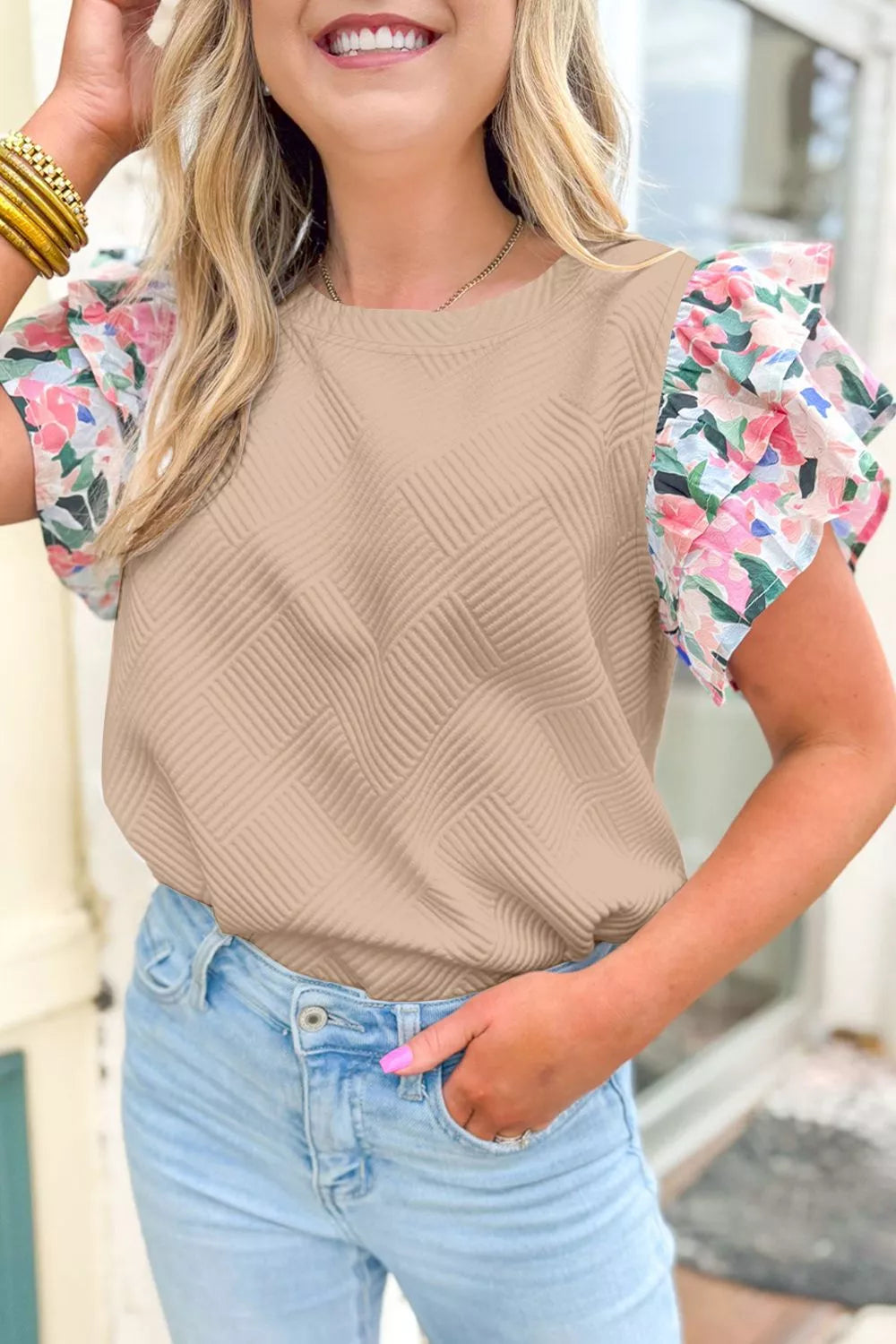 Textured Floral Ruffle Sleeve Blouse