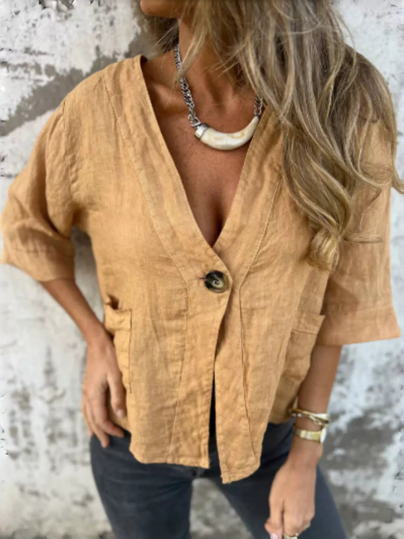Full Size One Button V-Neck Shirt Plus Size