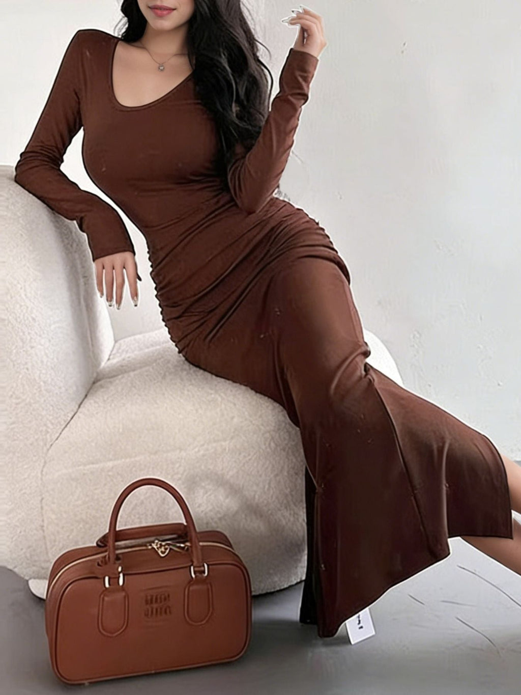 Slit Long Sleeve Bodycon Maxi Dress