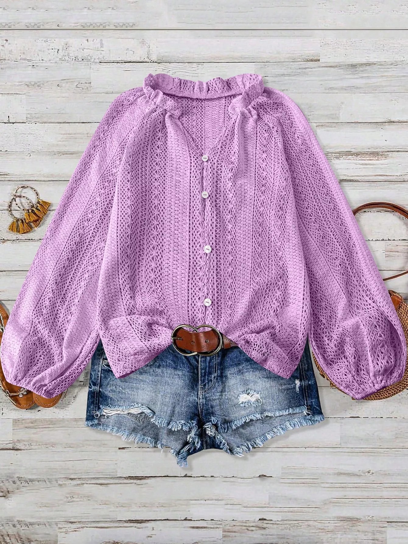 Lace Notched Long Sleeve Shirt