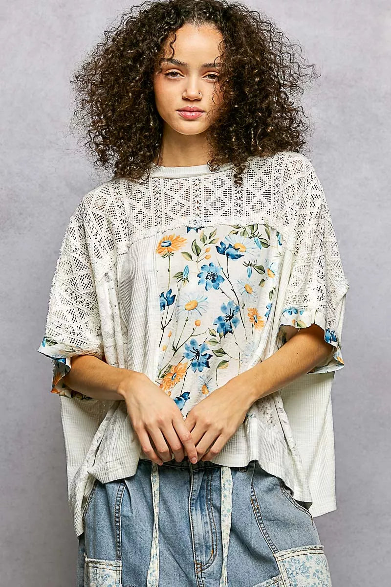 POL Floral Patchwork Lace Accent Blouse