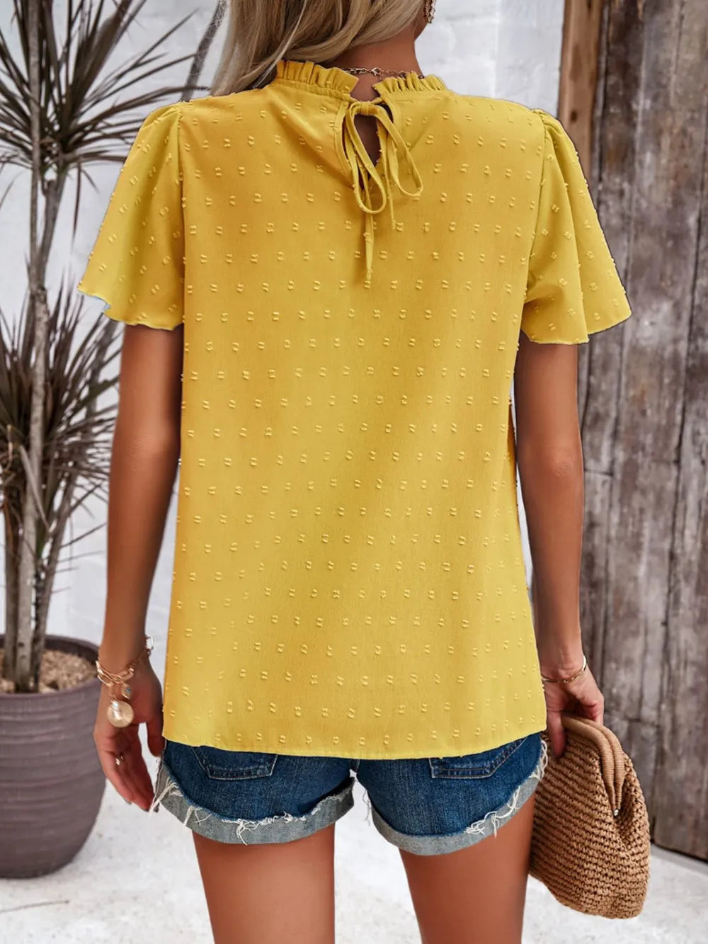 Devine Swiss Dot Smocked Round Neck Short Sleeve Blouse