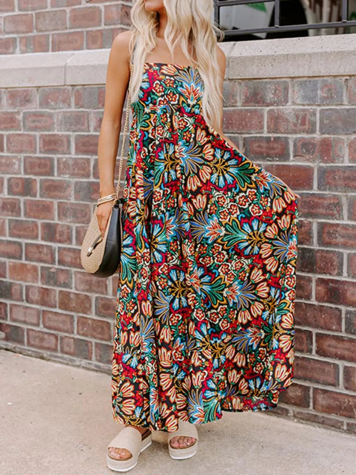 Floral Print Thin Straps High Waist Maxi Dress