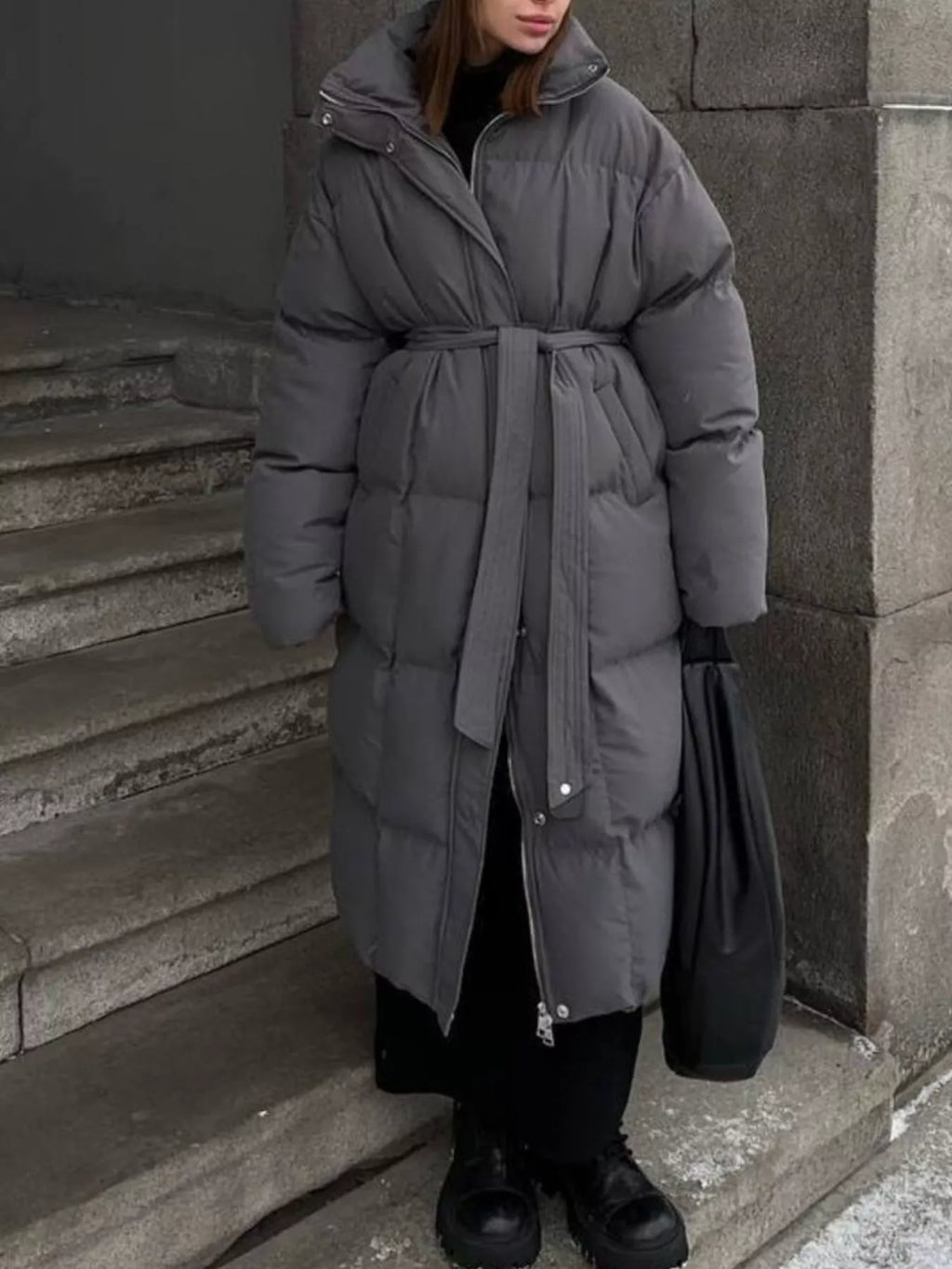 Longline Padded Winter Coat with Belted
