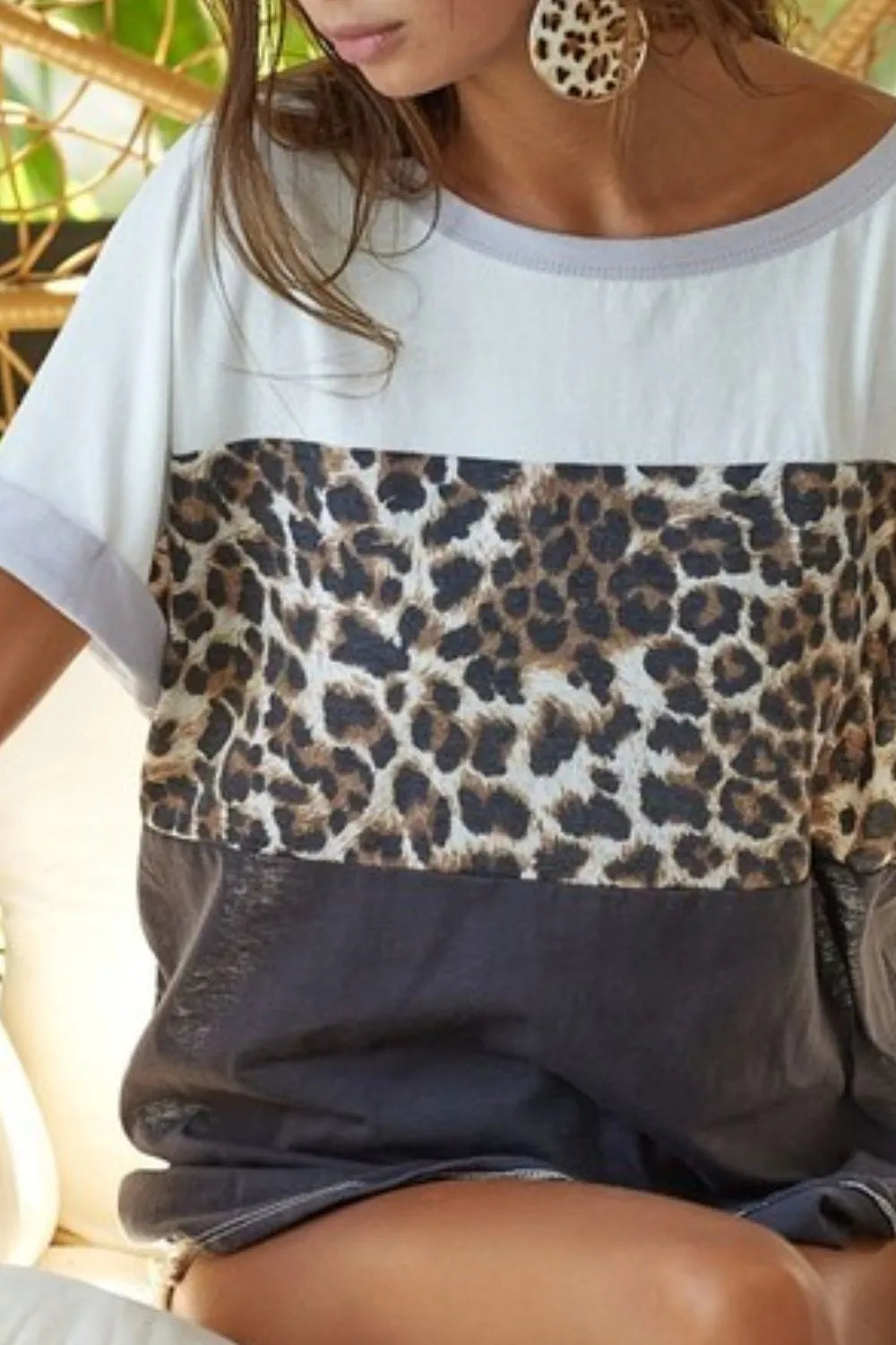 BiBi Leopard Printed Jersey  Color Block Roll Up Top