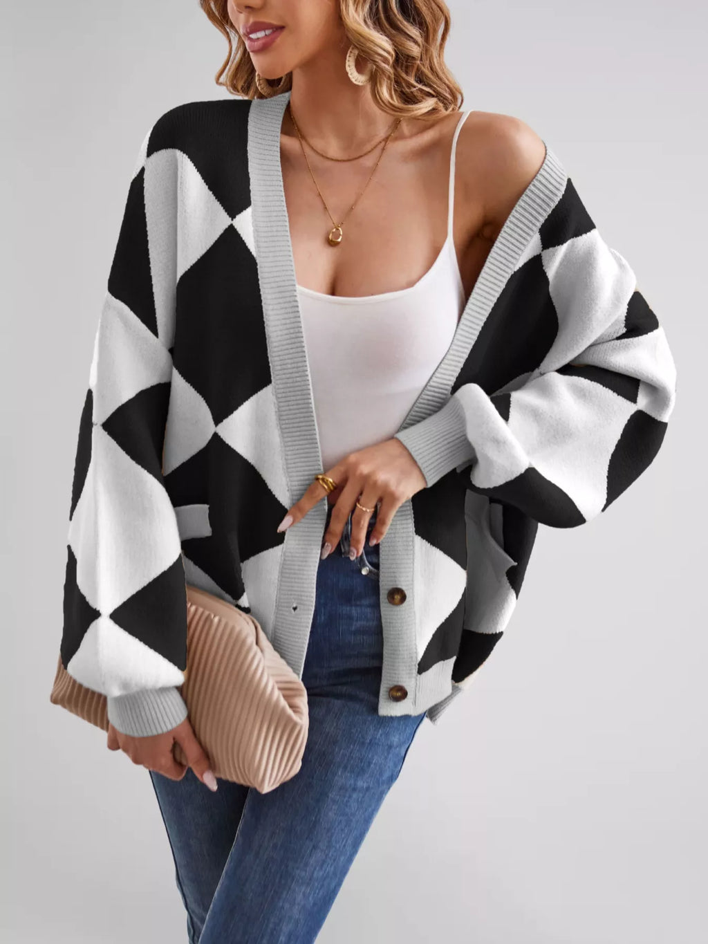 Diamond Pattern Button-Up Knit Cardigan