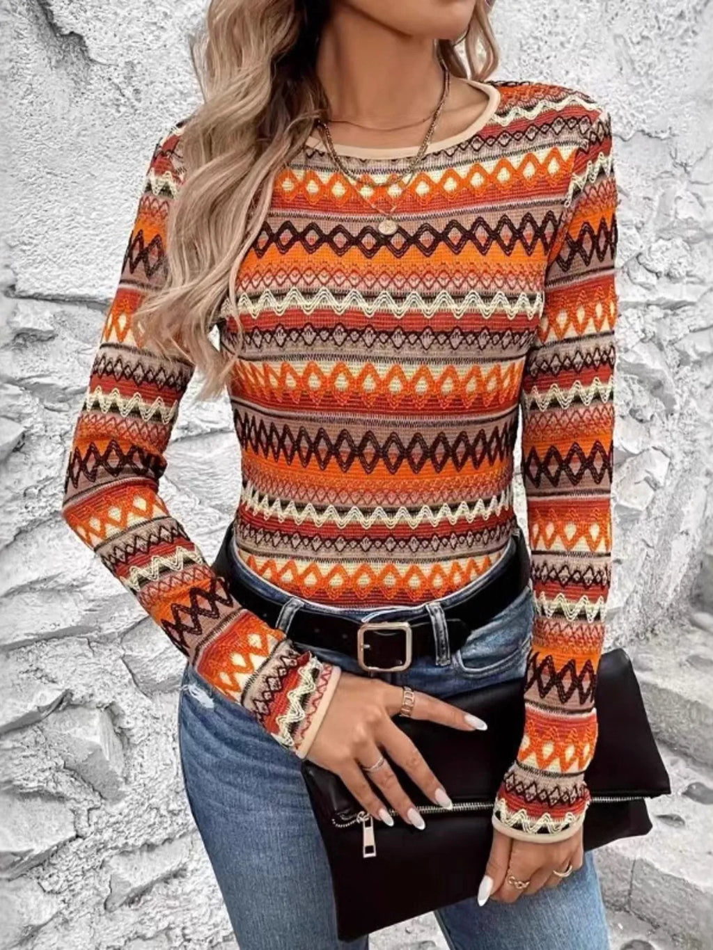 Bohemian Geometric Pattern Long Sleeve T-Shirt