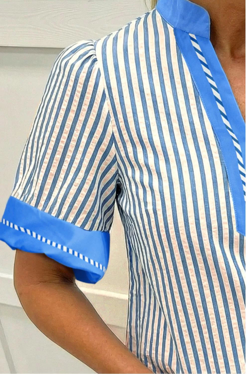 Stripe Color Block Detail V Neck Short Sleeve Blouse