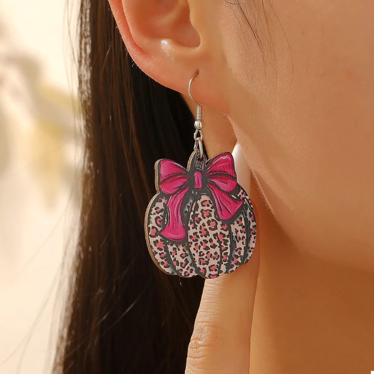 Halloween Pumpkin Leopard Print Bow Earrings