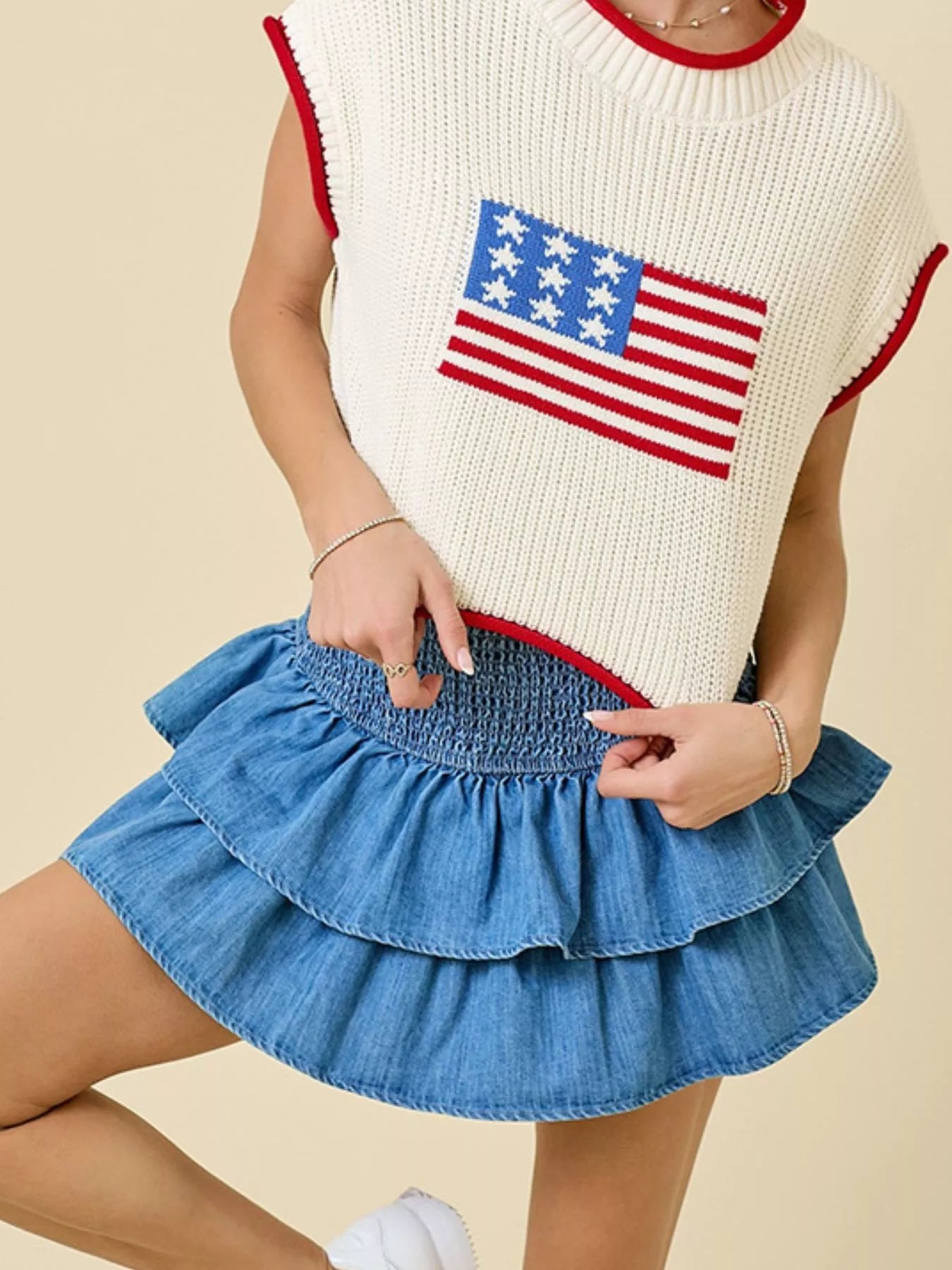 Layered Ruffle Smocked Waist Denim Skirt