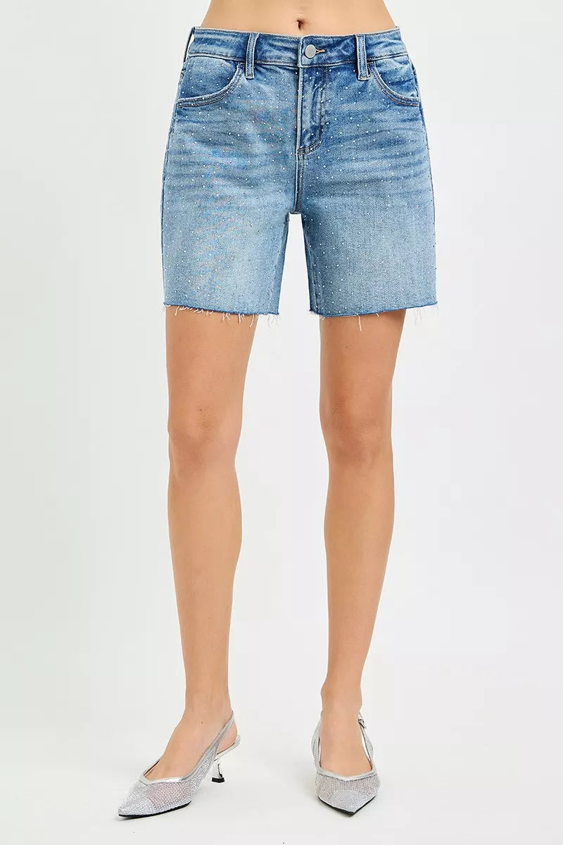 RISEN Slouchy Mid Length All Over Rhinestones Shorts