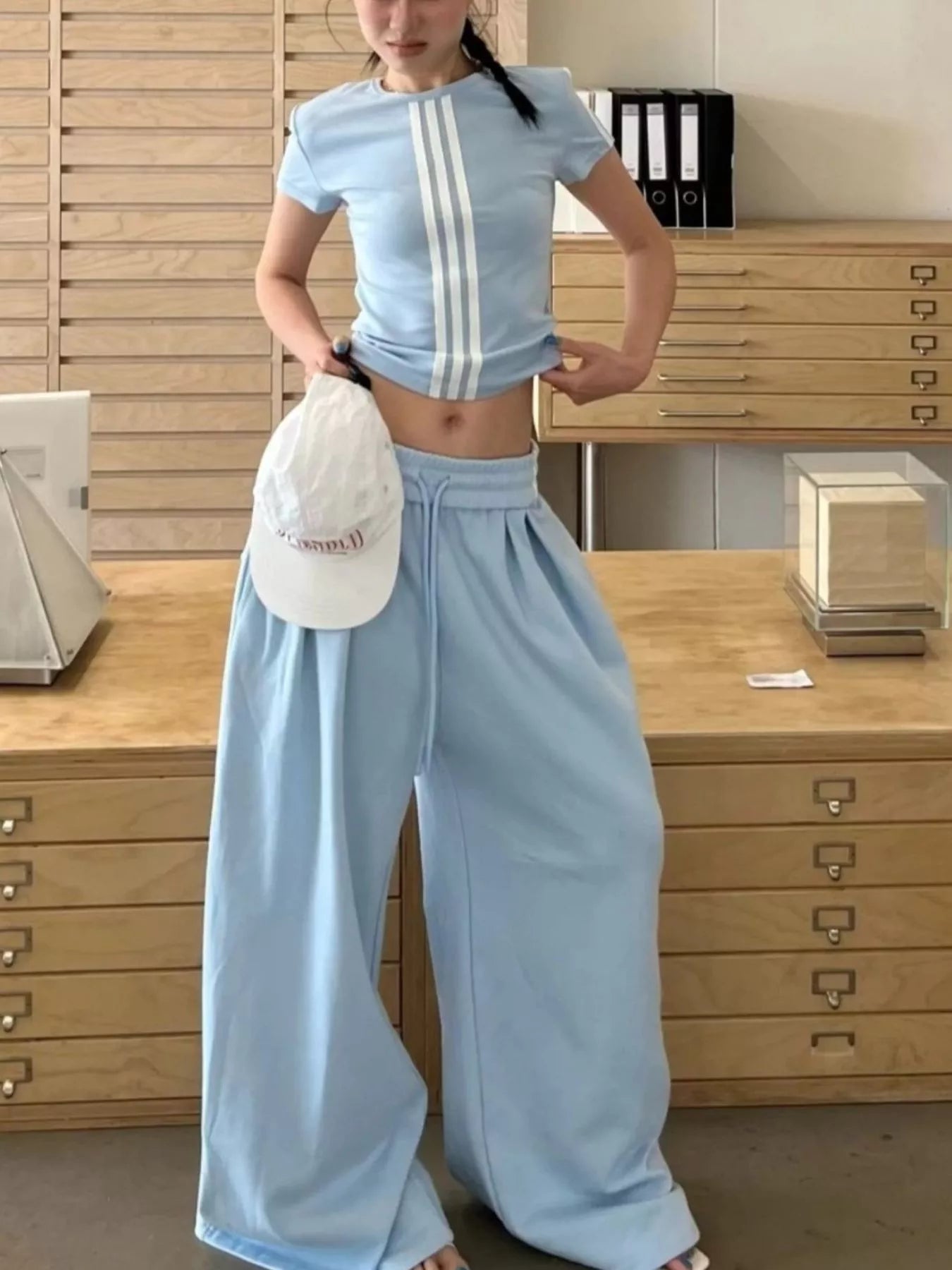 Full Size Striped Crop Top & Wide Leg Pants Set Plus Size
