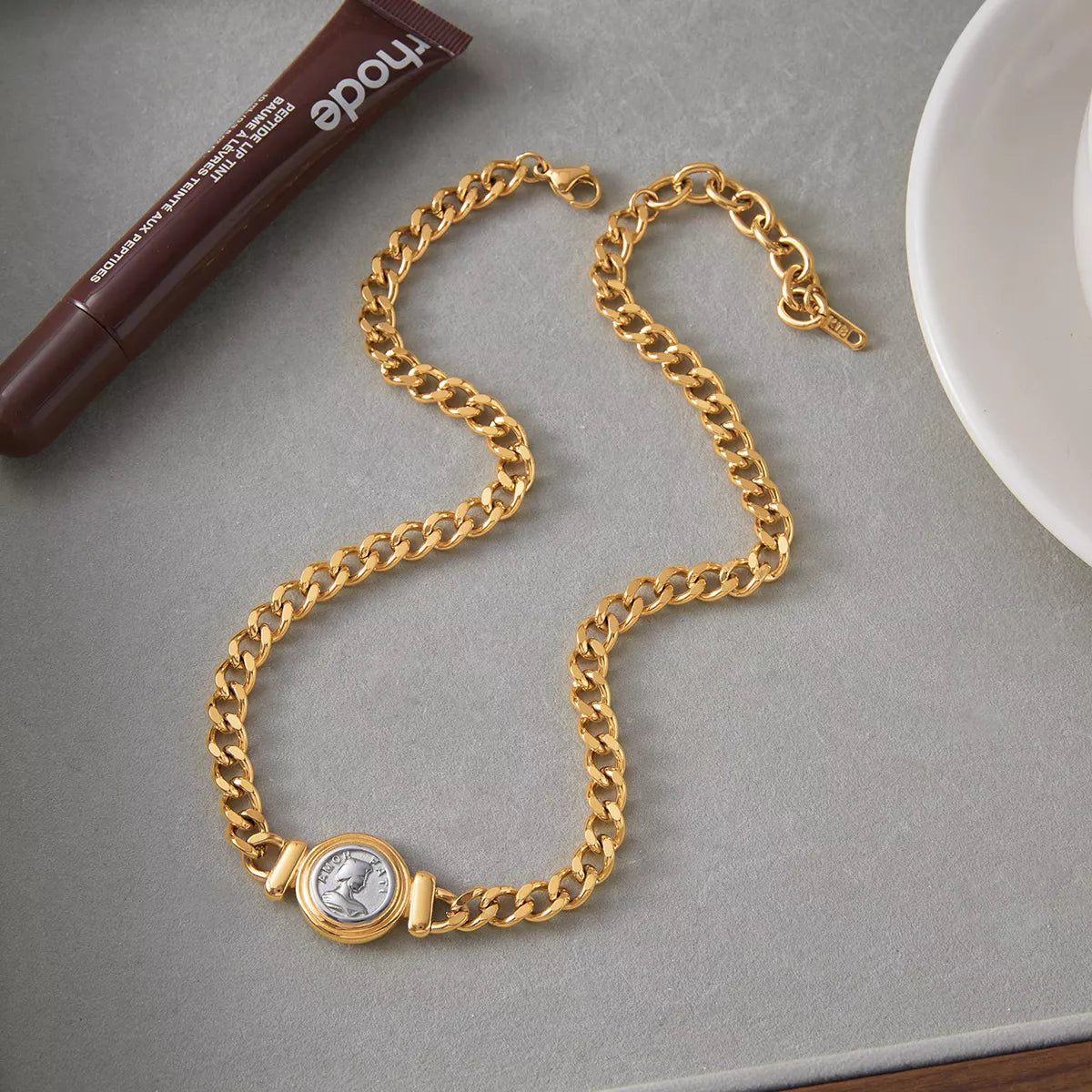 18K Gold-Plated Vintage Coin Charm Curb Chain Necklace