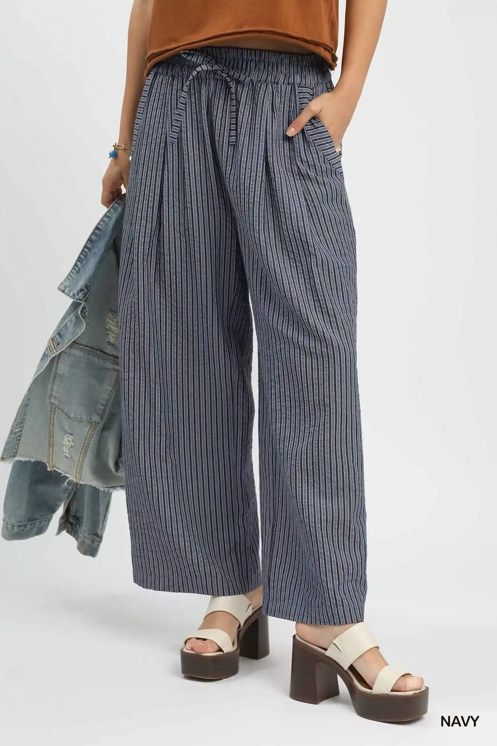 Umgee Drawstring Striped Wide-Leg Pants