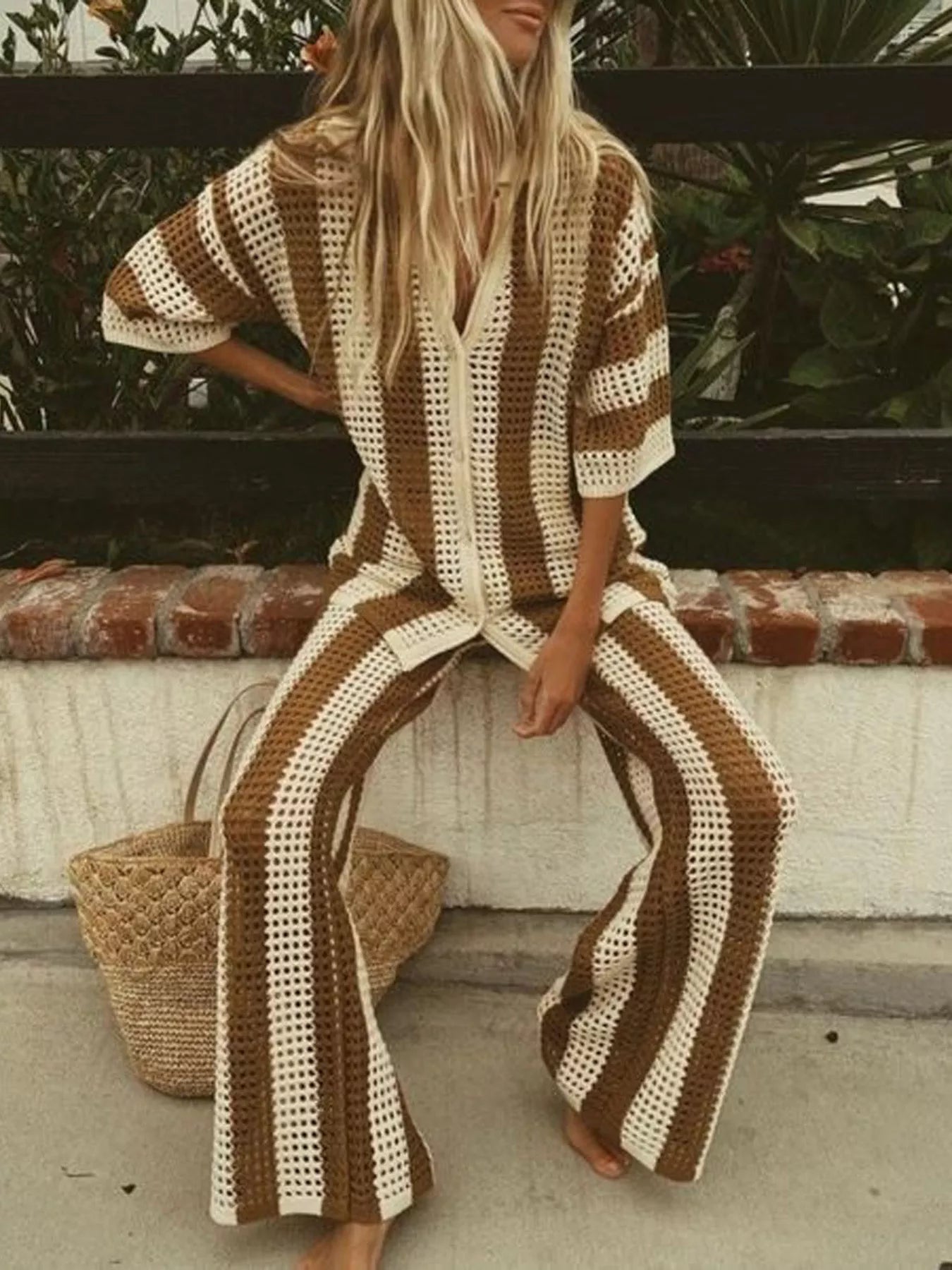 Striped Crochet Knit Shirt and Pants Set