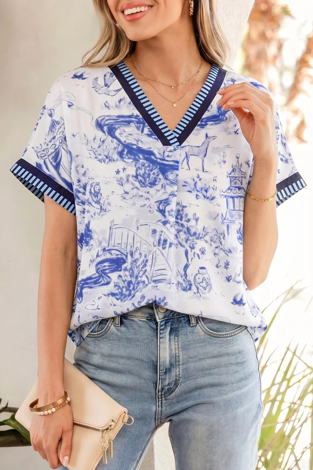 Printed Striped Trim V-Neck Blouse