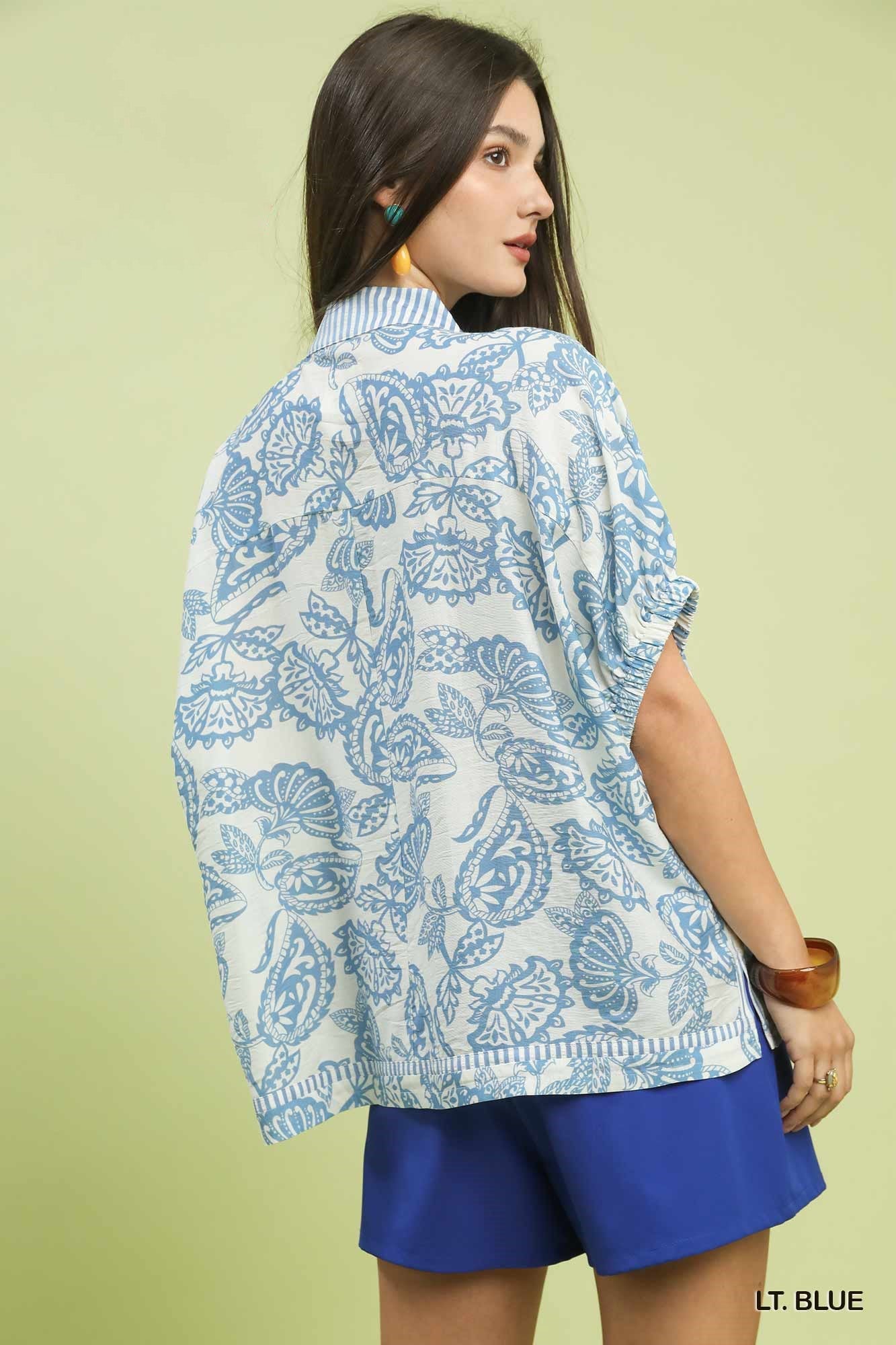 Umgee Botanical Print Mixed Trim Tunic Top