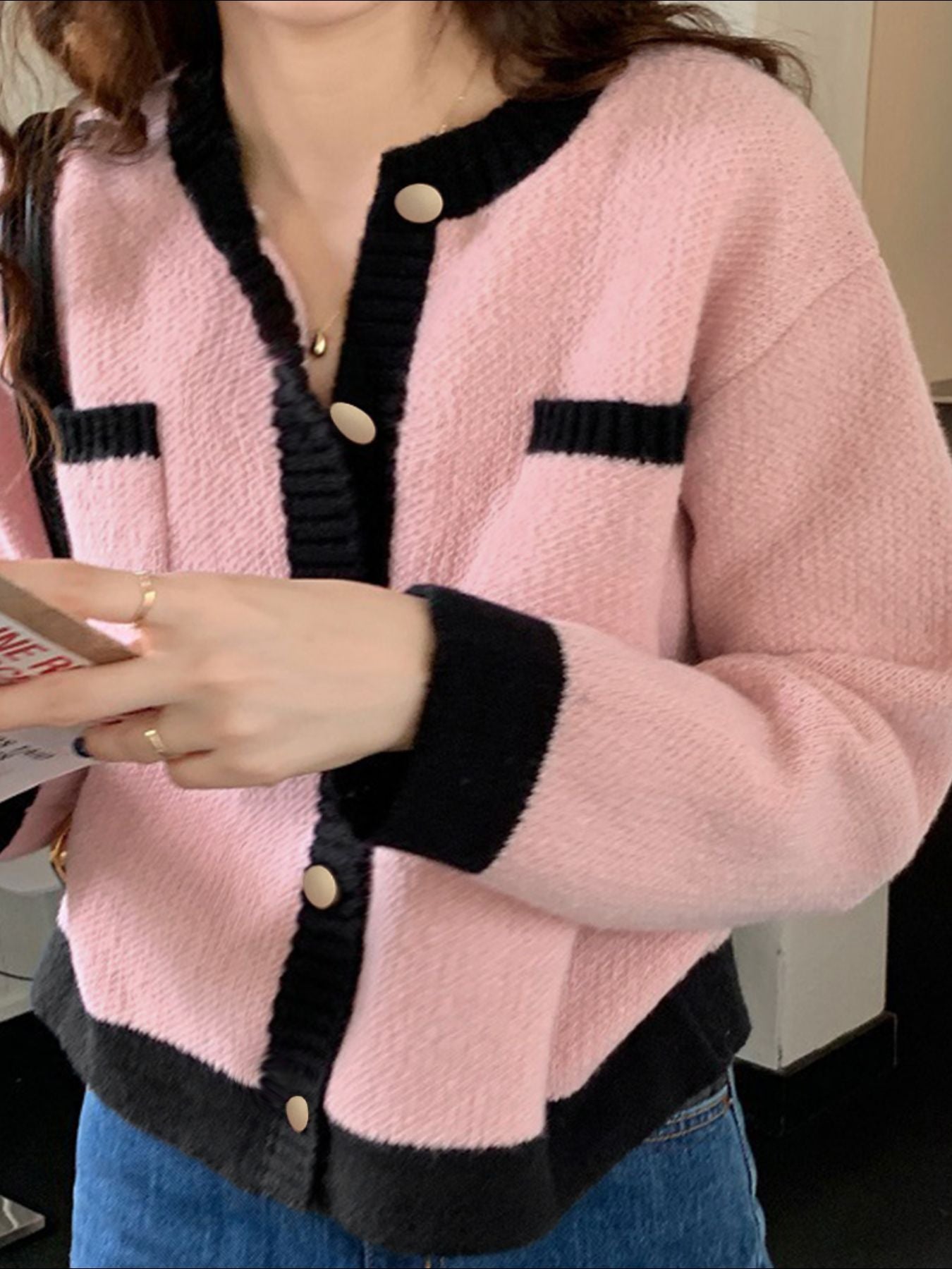 Contrast Trim Button Up Cardigan