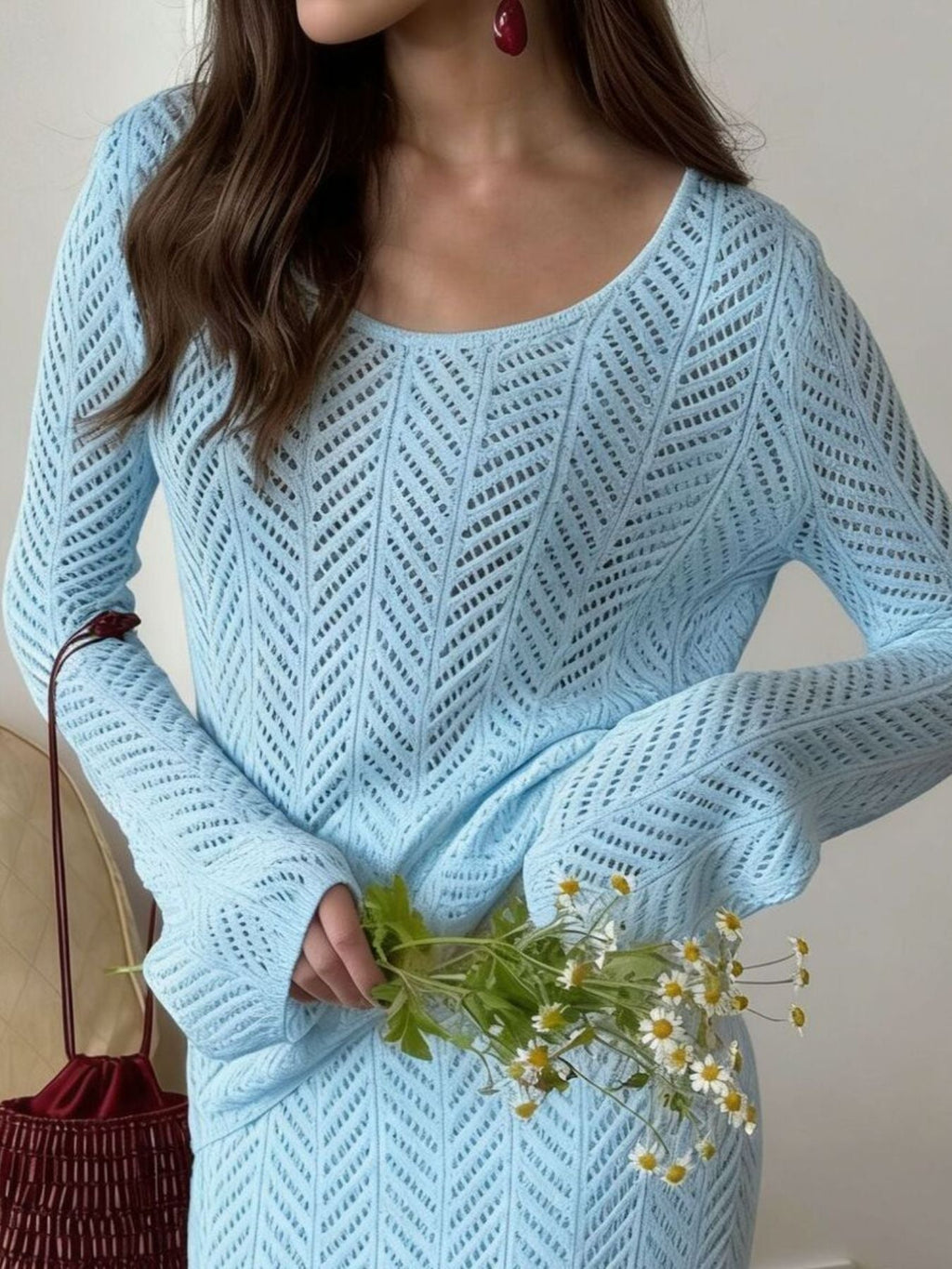 Openwork Long Sleeve Knit Top and Skirt Set