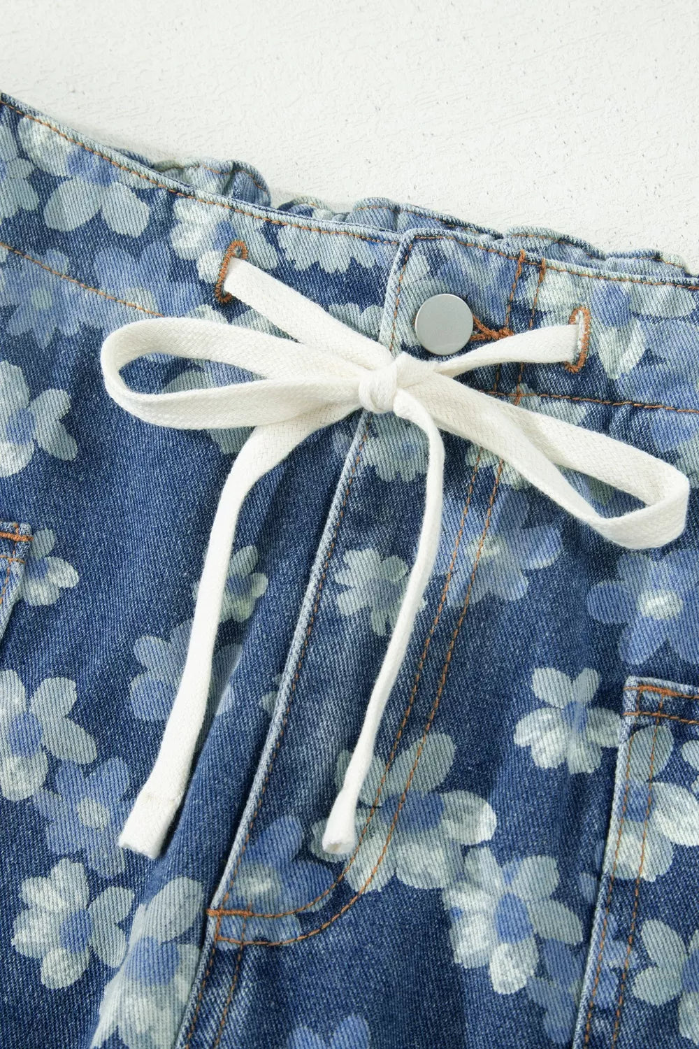 Dainty Floral Printed Drawstring Barrel Jeans