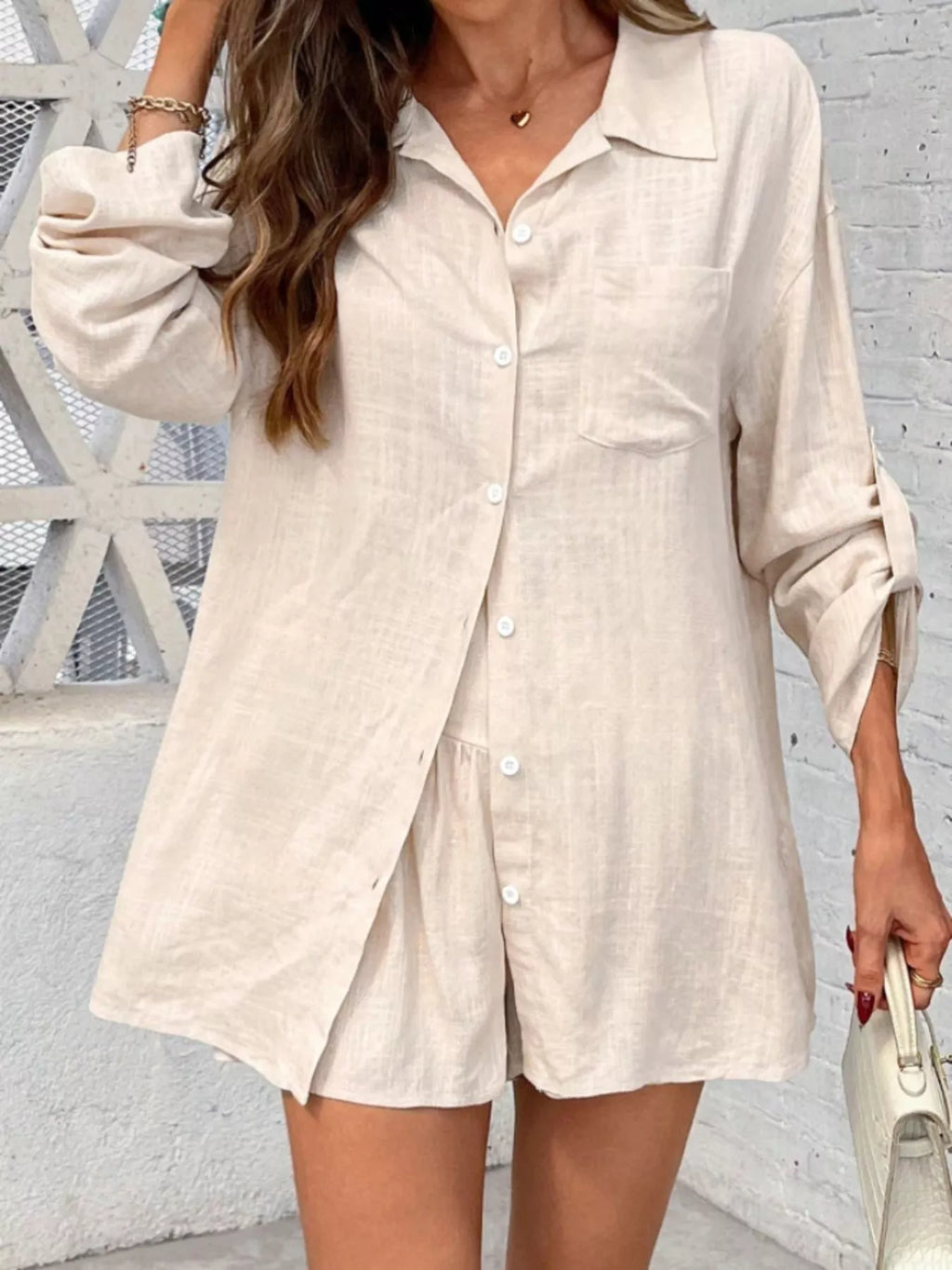 Button Up Roll-Up Sleeve Shirt and Shorts Set