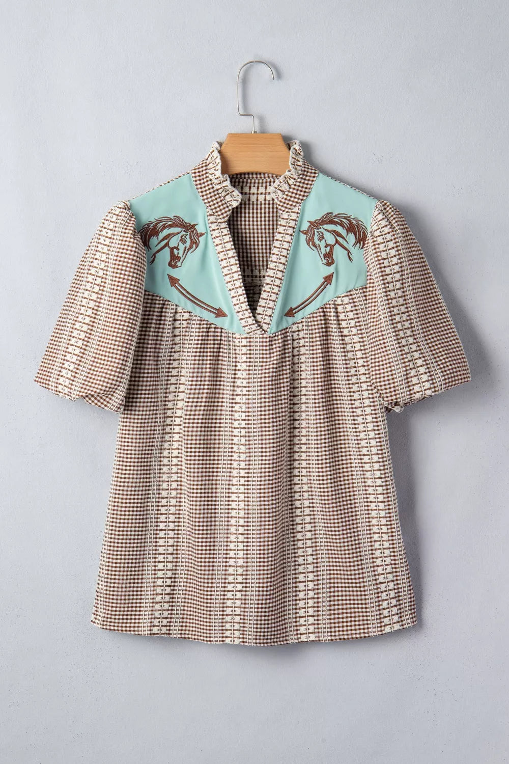 Western Pony Embroidered Yoke Puff Sleeve Gingham Blouse