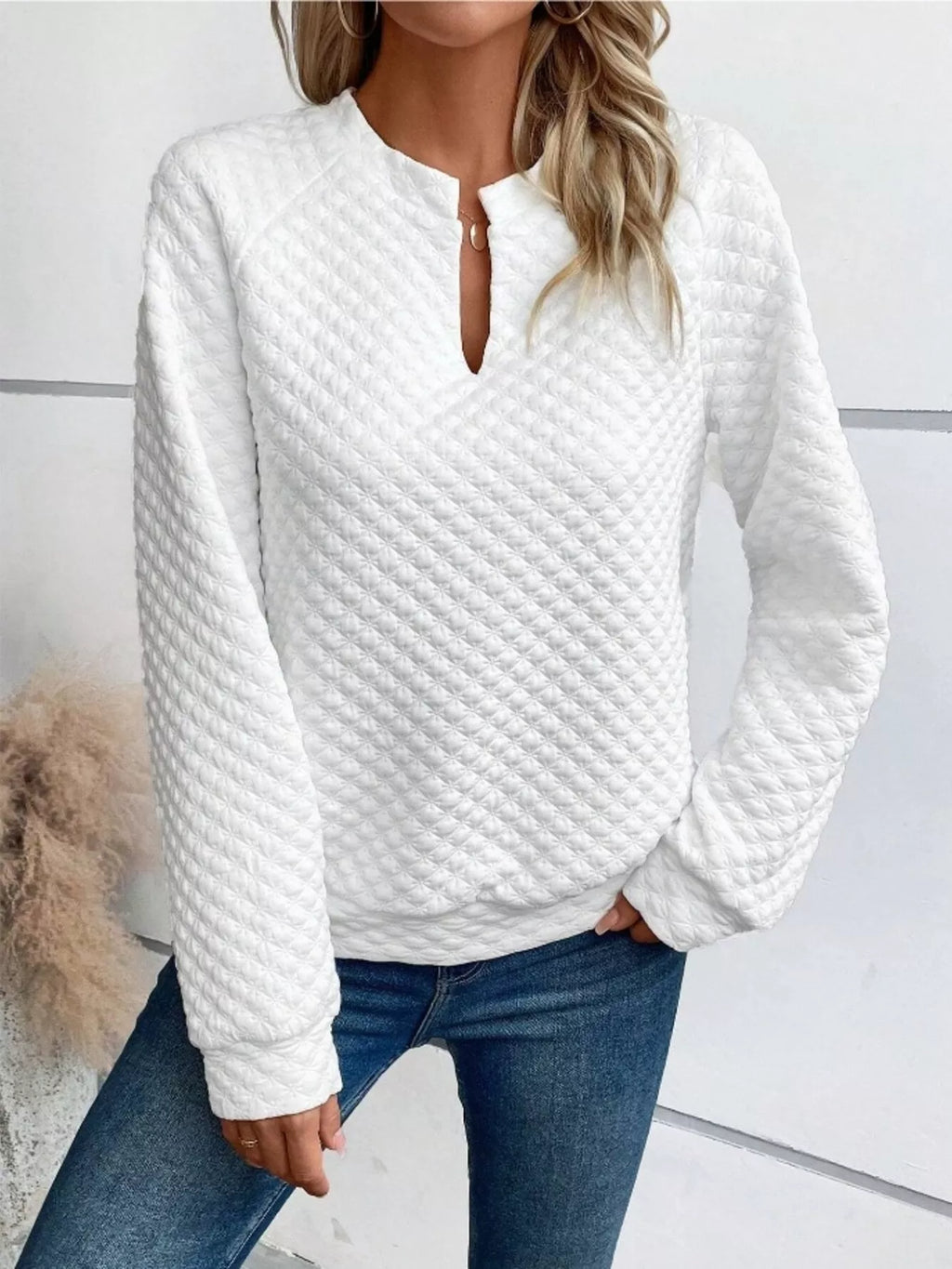 Textured Notched Raglan Sleeve Sweatshirt