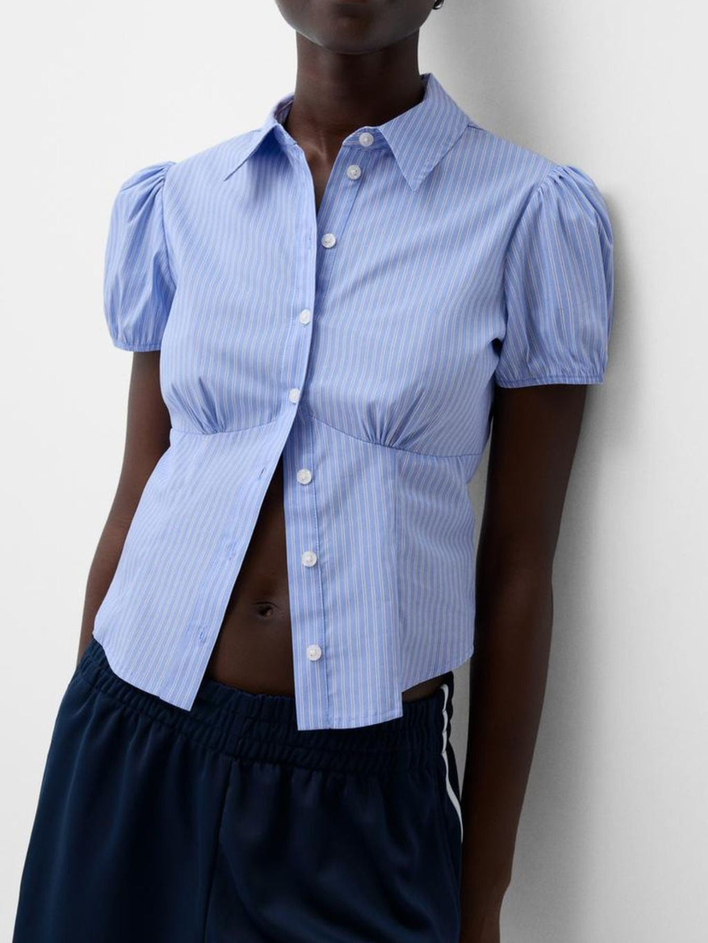 Striped Puff Sleeve Fitted Shirt