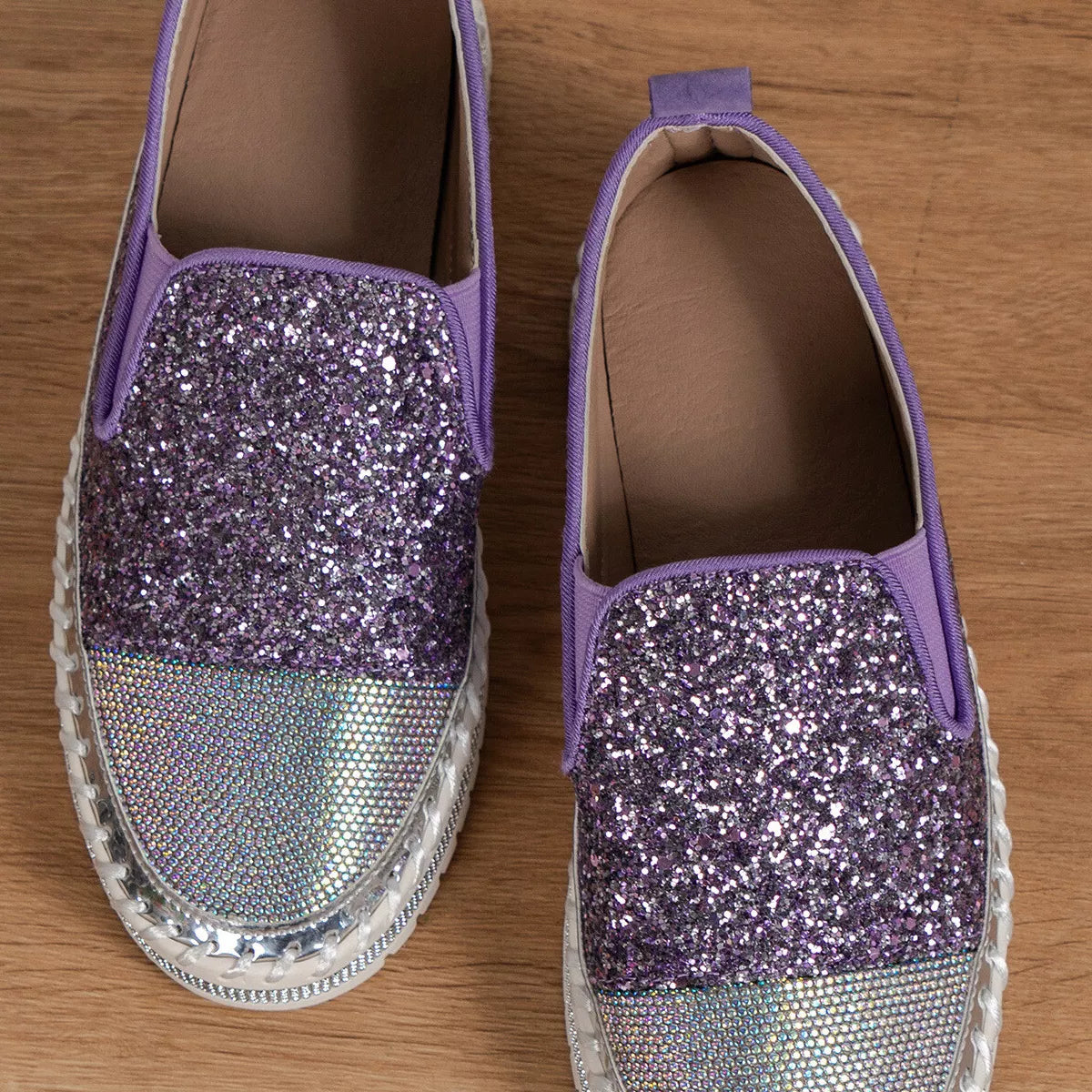 Rhinestone Sequin Round Toe Platform Loafers