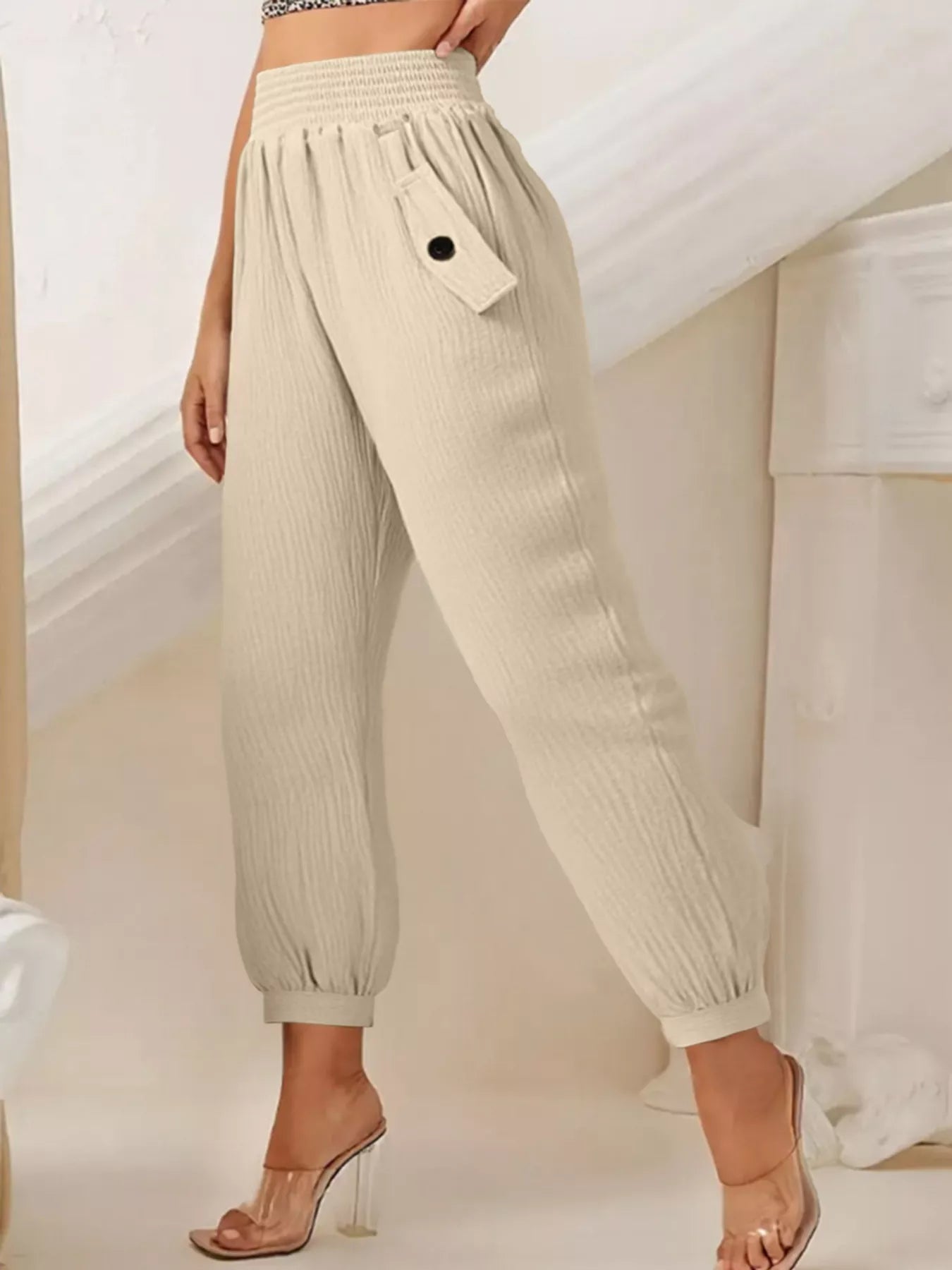 Smocked Textured Casual Pants