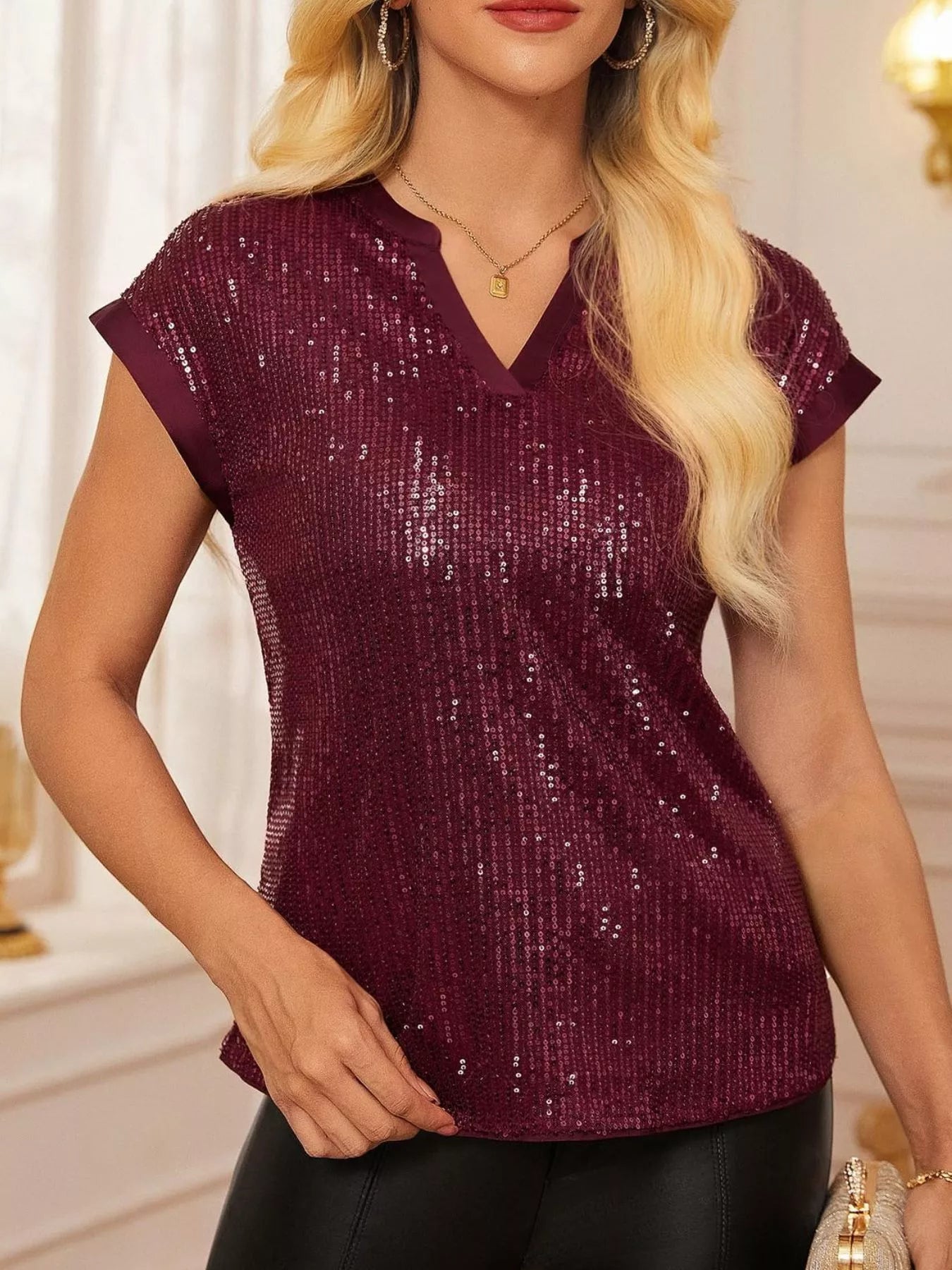 Sequin Notched Cap Sleeve Blouse