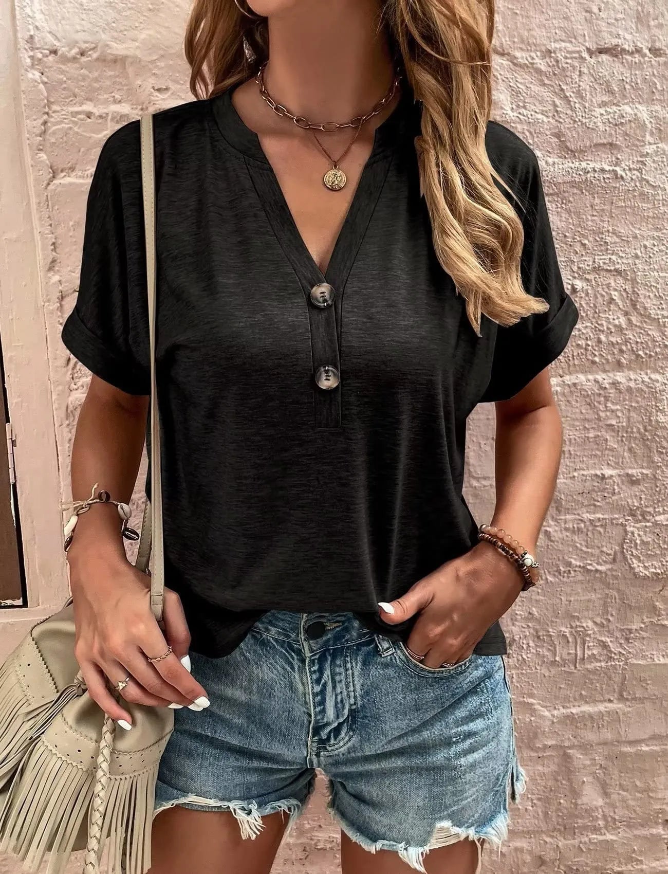 Full Size Notched Short Rolled Sleeve Top Plus Size