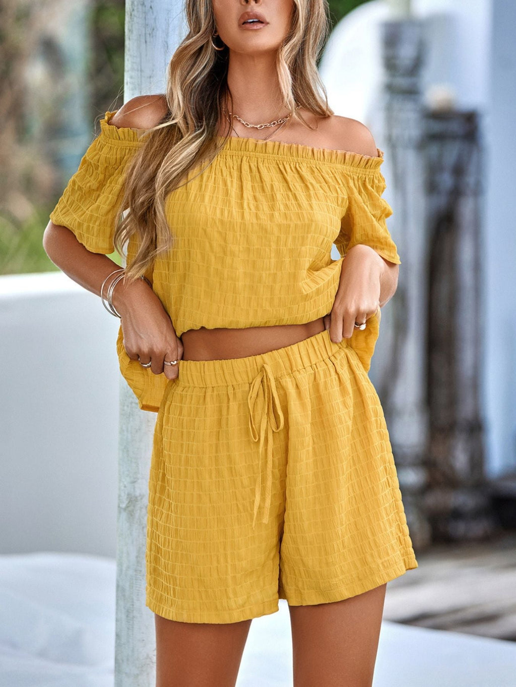 Off-Shoulder Short Sleeve Top and Shorts Set