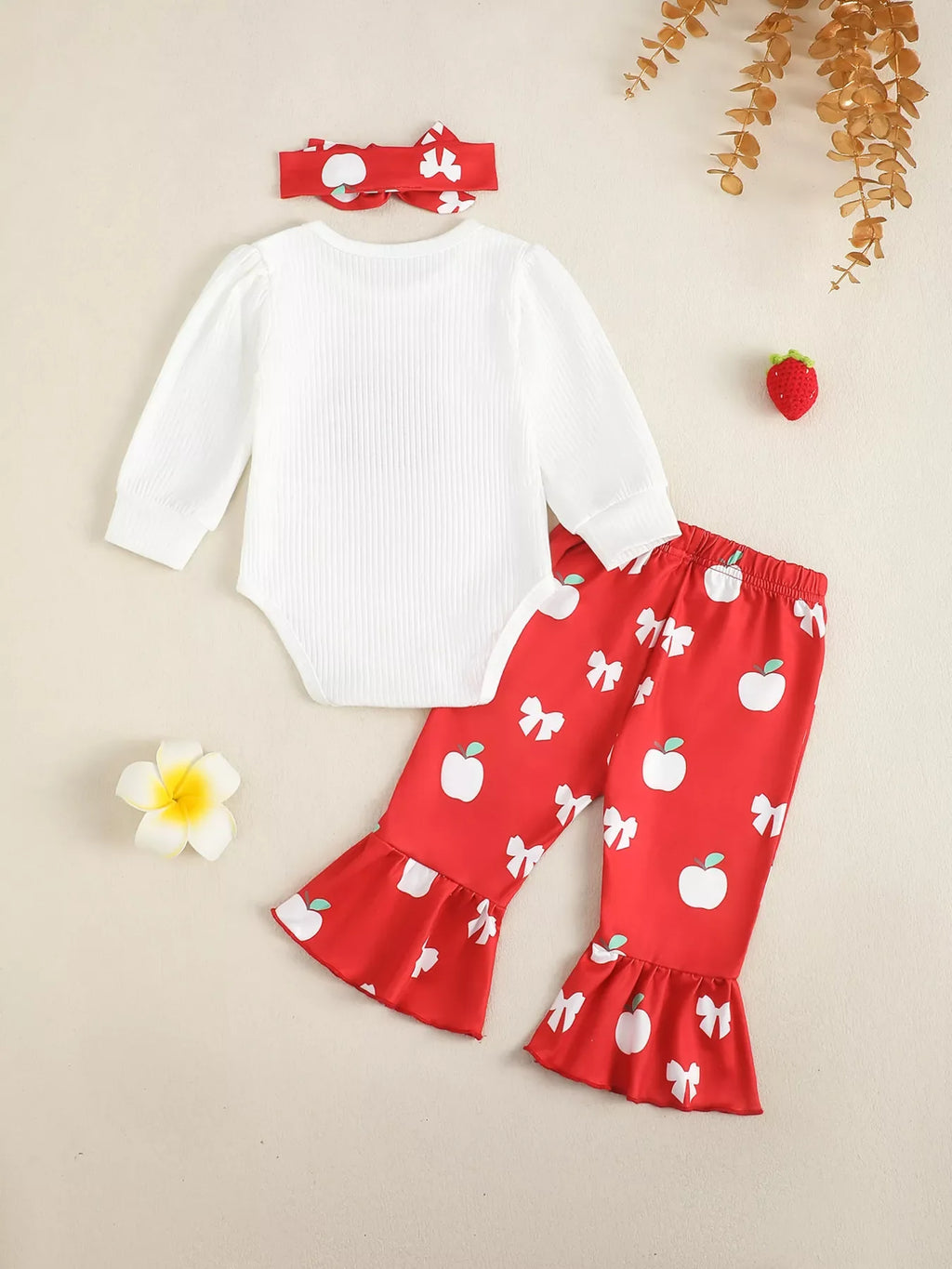 Children's Ribbed Apple Bodysuit & Flare Pants Set with Headband