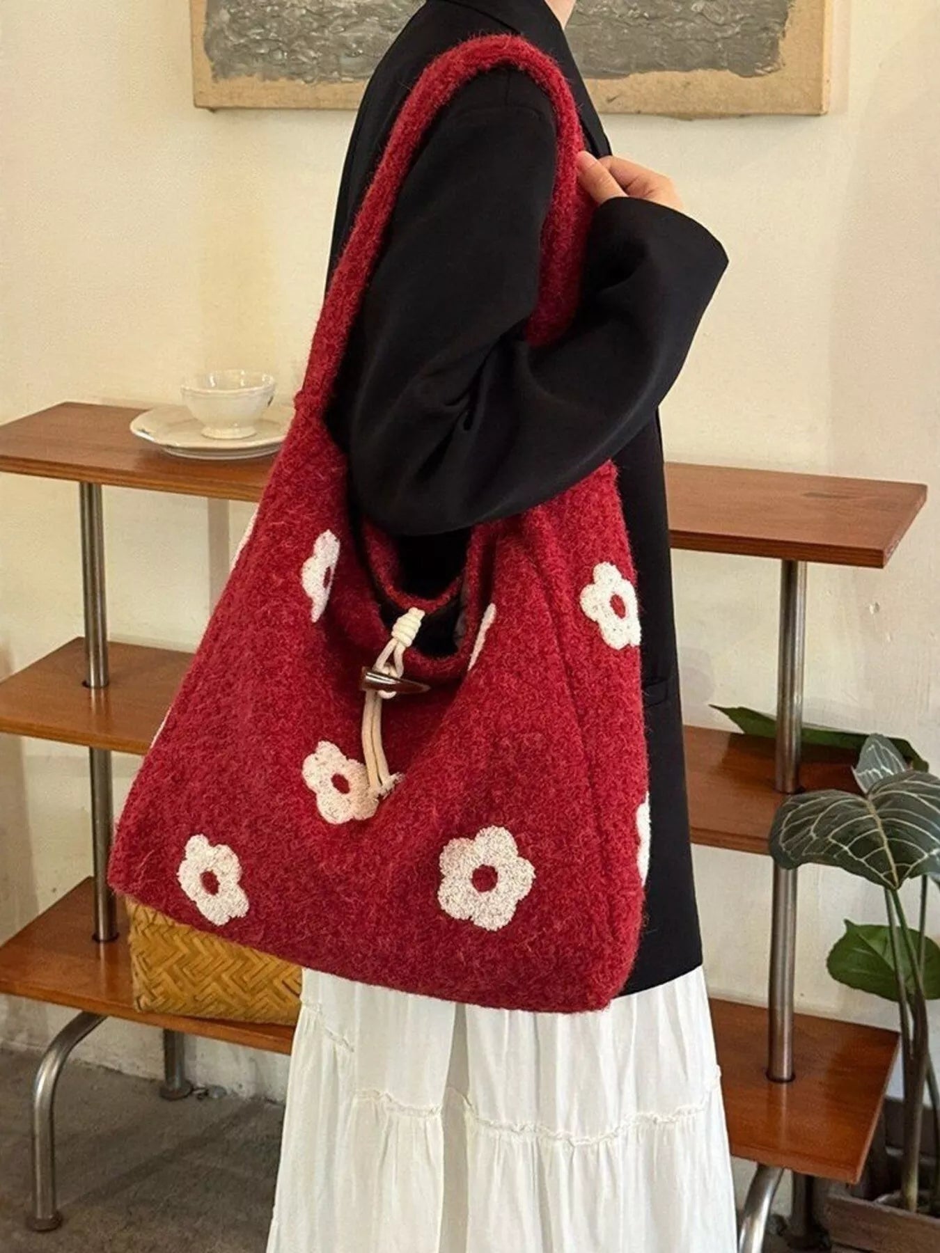Floral Fuzzy Knit Tote Bag
