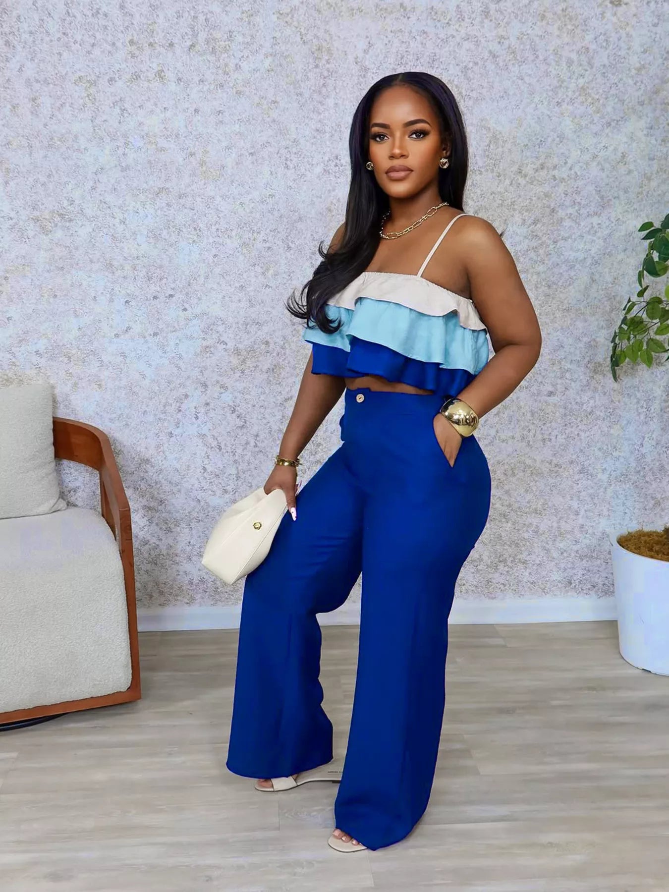 Layered Ruffle Crop Top and Pants Set