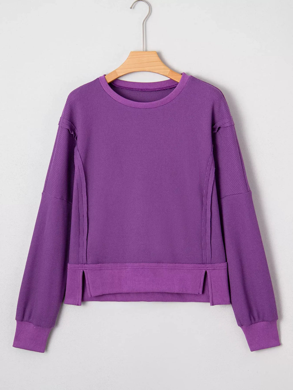 Solid Color Raw Seam Patchwork Ribbed Drop Shoulder Sweatshirt