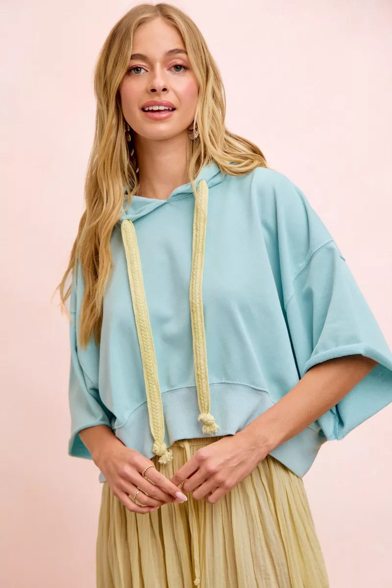 BiBi Washed Terry Short Sleeve Drawstring Hoodie Top