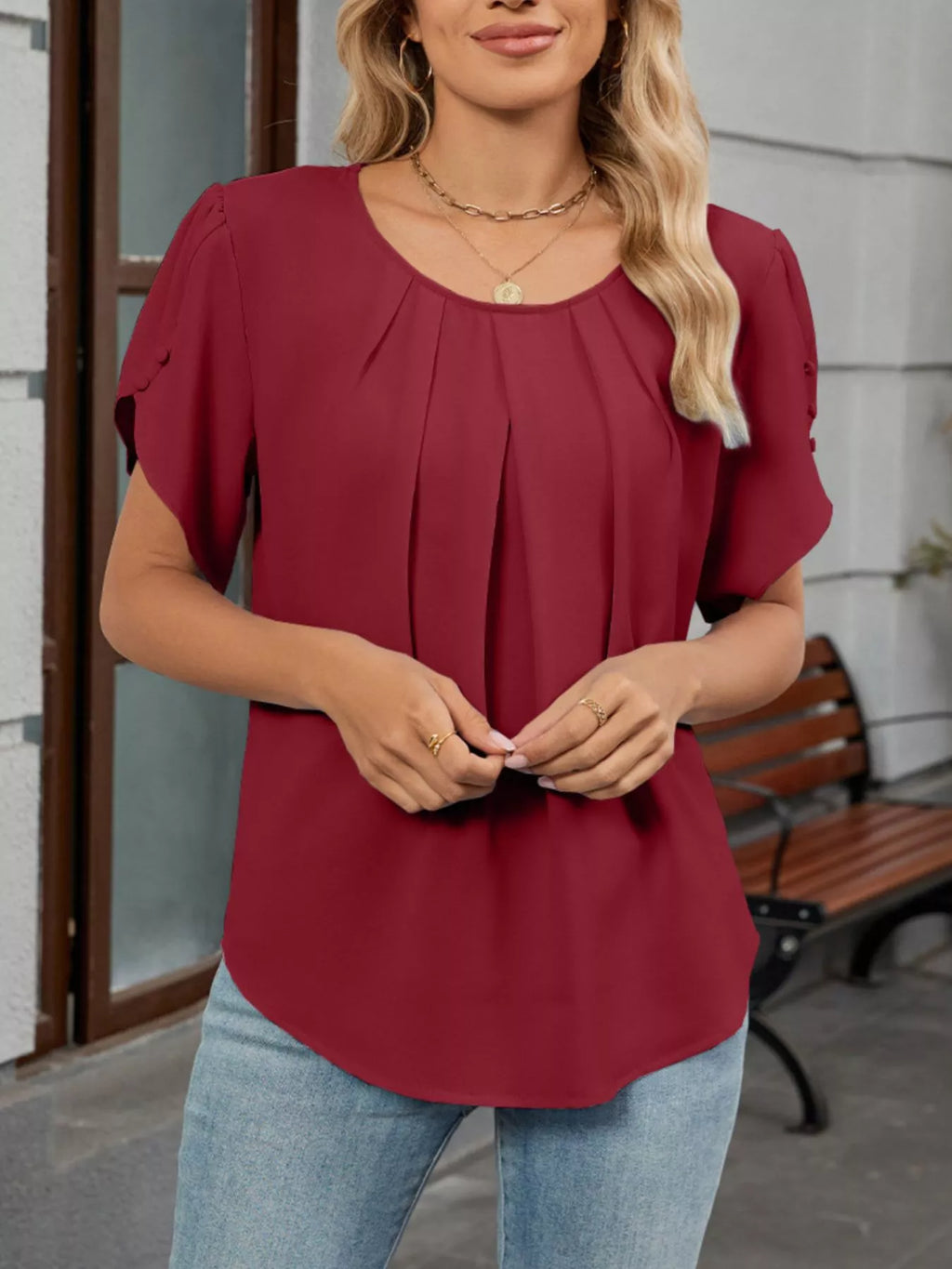 Elegant Pleated Flowy Short Sleeve Blouse